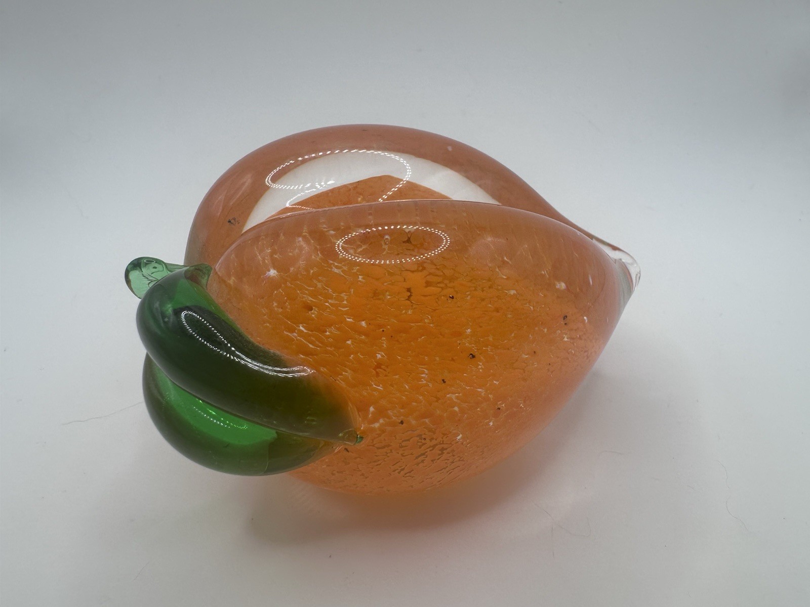 🍑 Murano Style Art Glass Peach Paperweight Hand Blown Fruit w/ Green Leaf