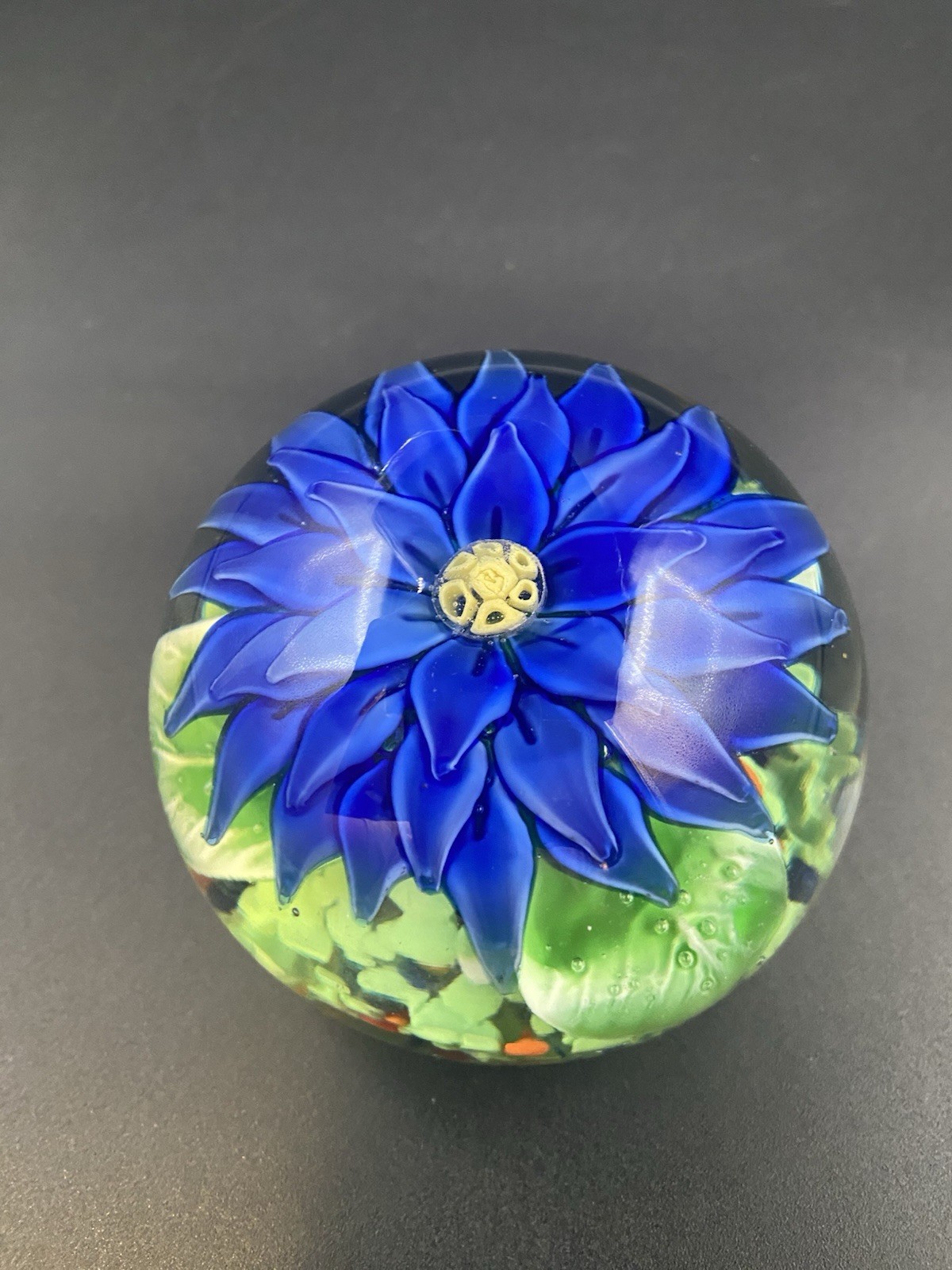 Murano Blue Floral Paperweight Handmade in Italy w/ MURANO Sticker