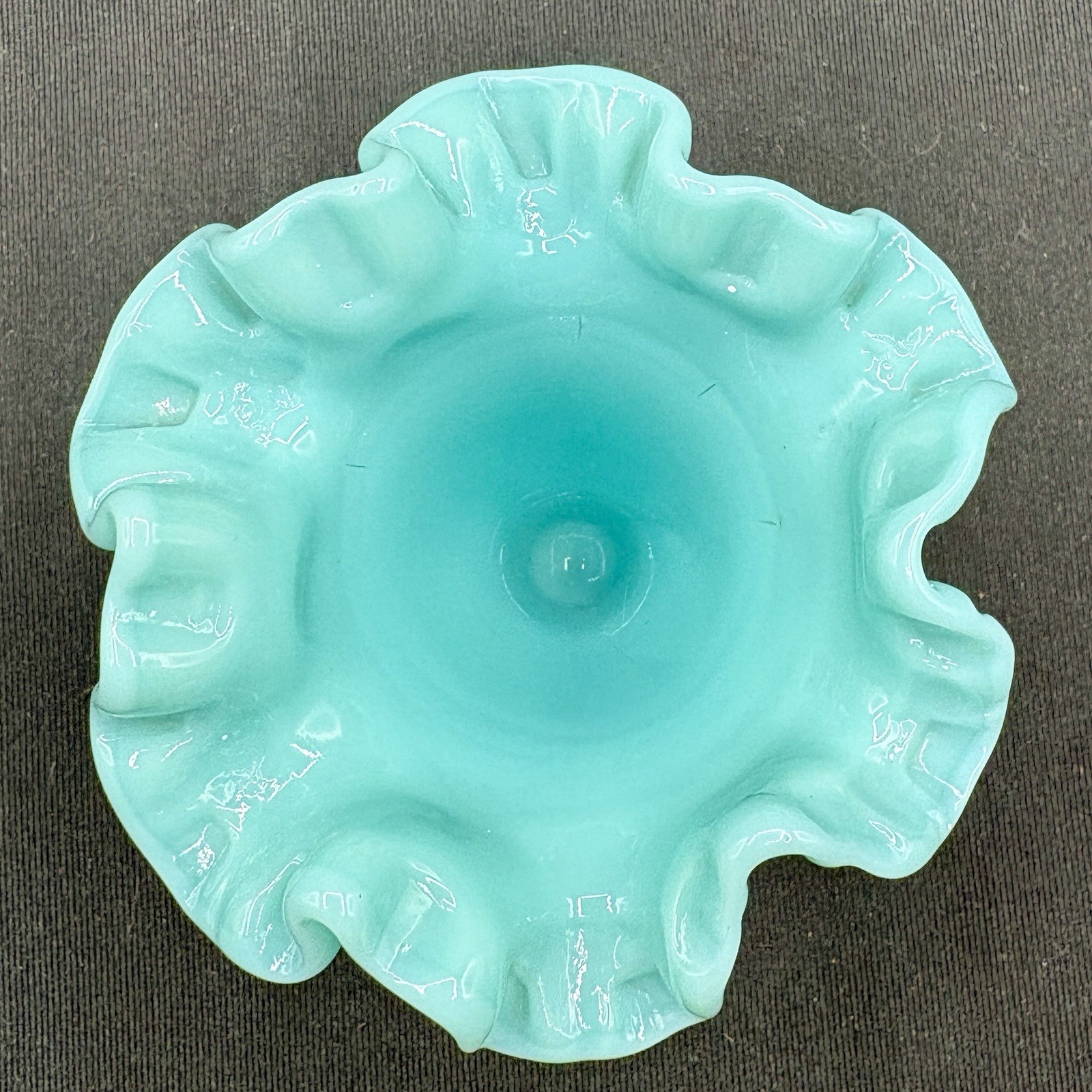 Fenton Hobnail Turquoise Milk Glass Ruffle Edge Trumpet Vase 4″ H Vintage EUC