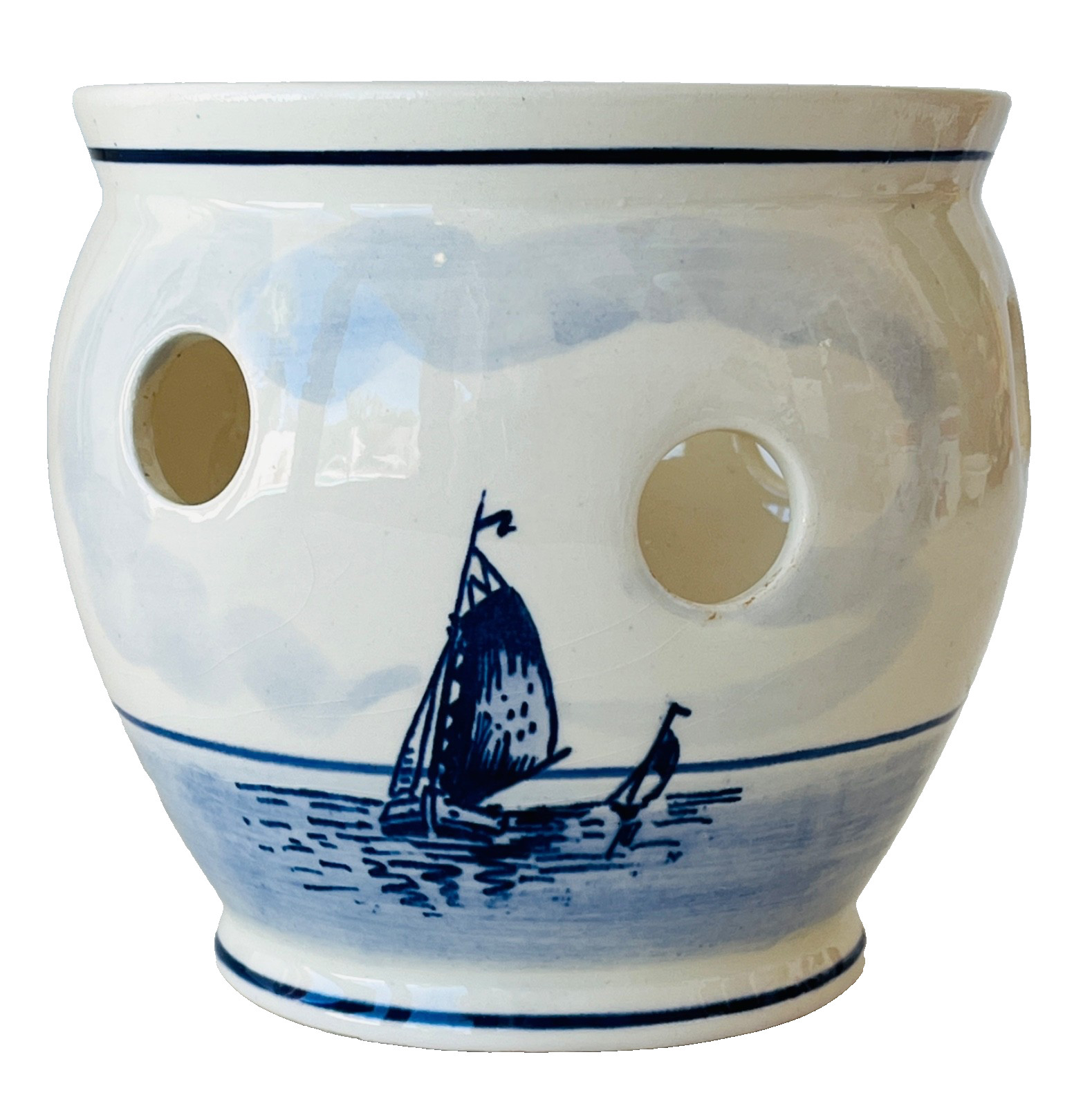 Vintage Delft Blue Hand Painted Holland Orchid Crocus Bulbs Ceramic Pot 5.5″
