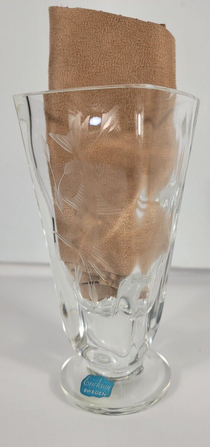Carl Erickson Sweden Clear Art Glass Etched Sailfish Vase Mid Century