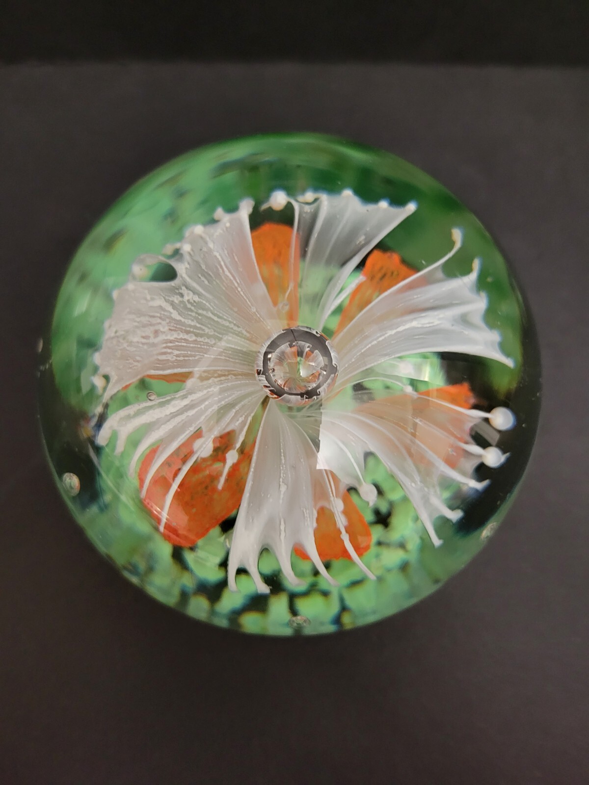Orange And White Flower Controlled Bubble Fireworks Art Glass Paperweight 2lb5oz