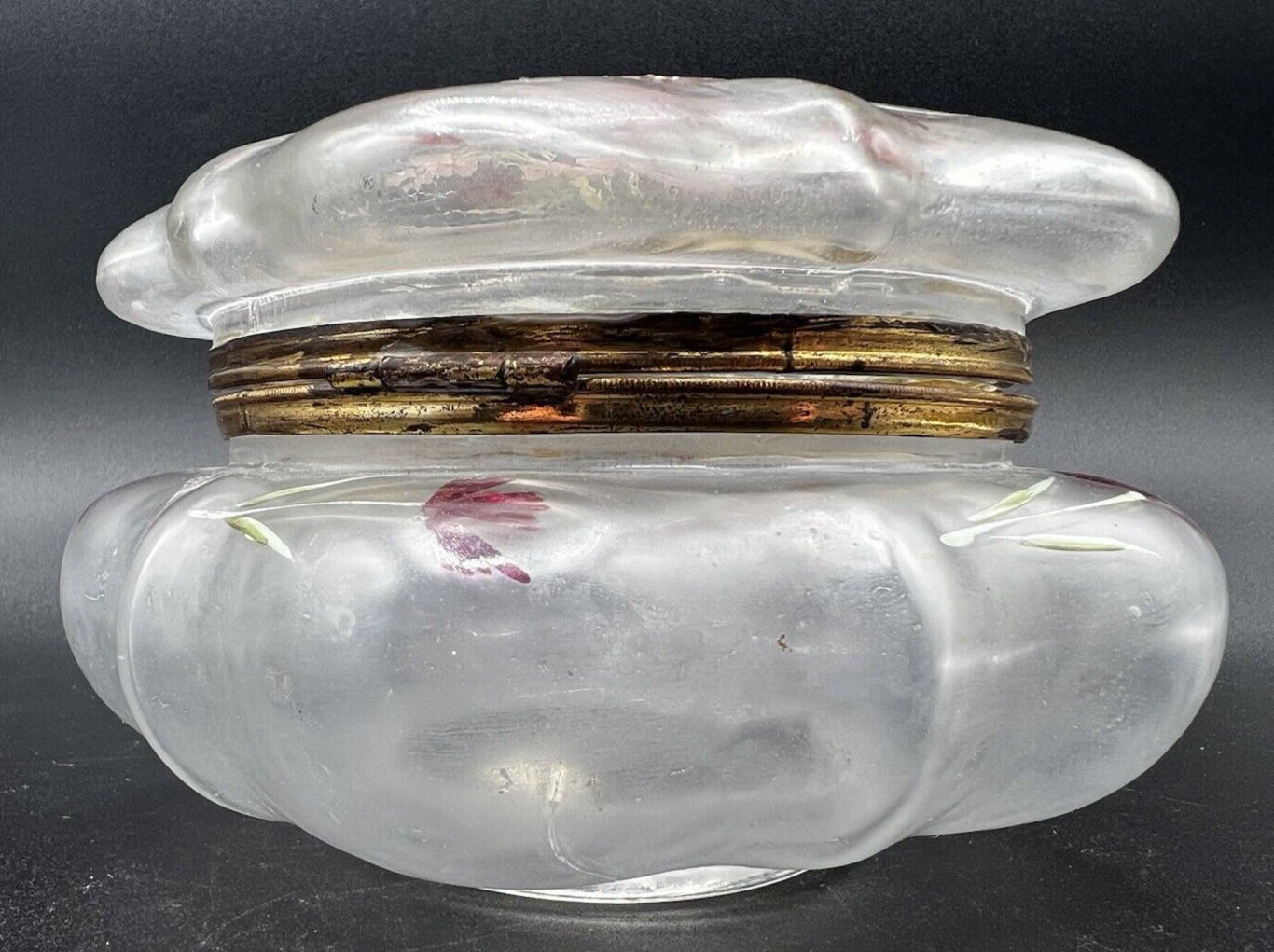 Bohemian Moser Irridescnet Hinged Dresser Box-Clear Frosted-Enamel Floral Design