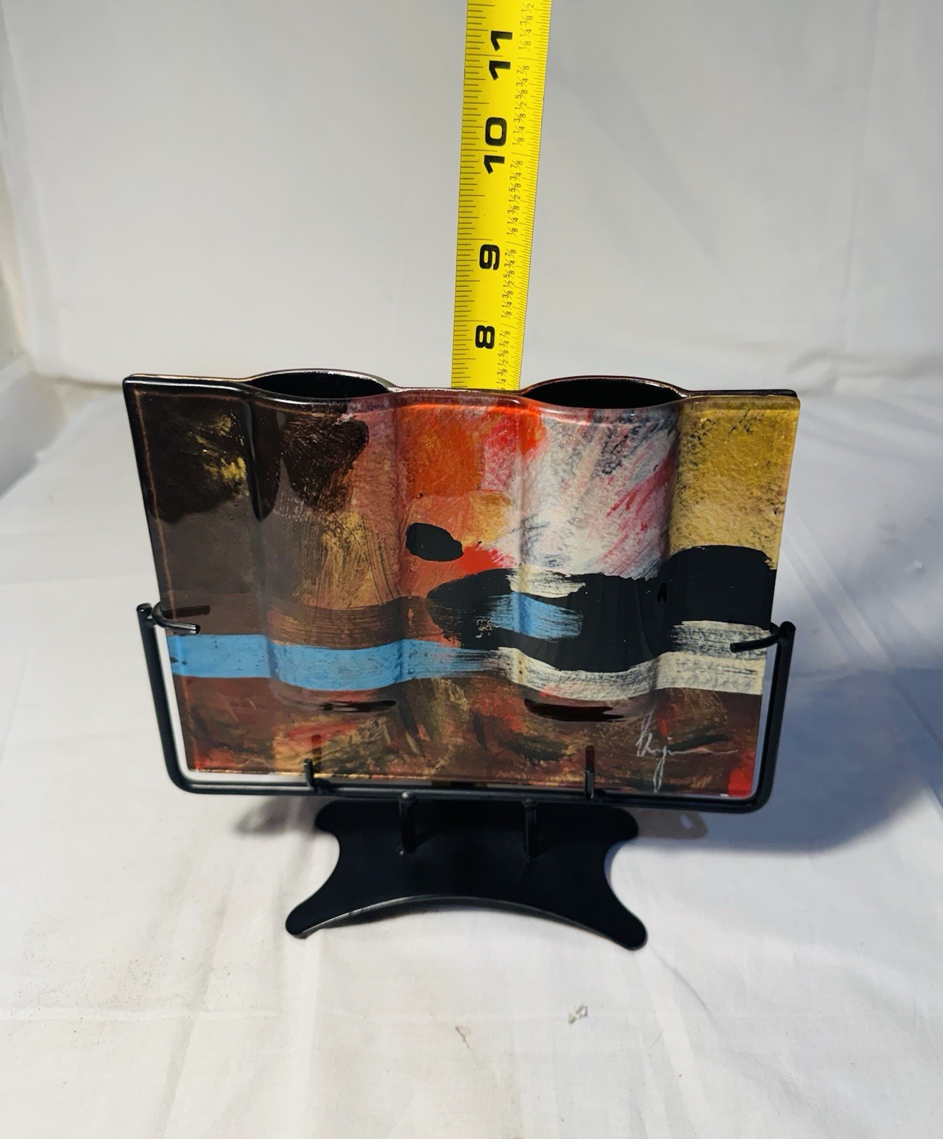 Abstract Art Glass Vase Multi Color Metal Stand Signed