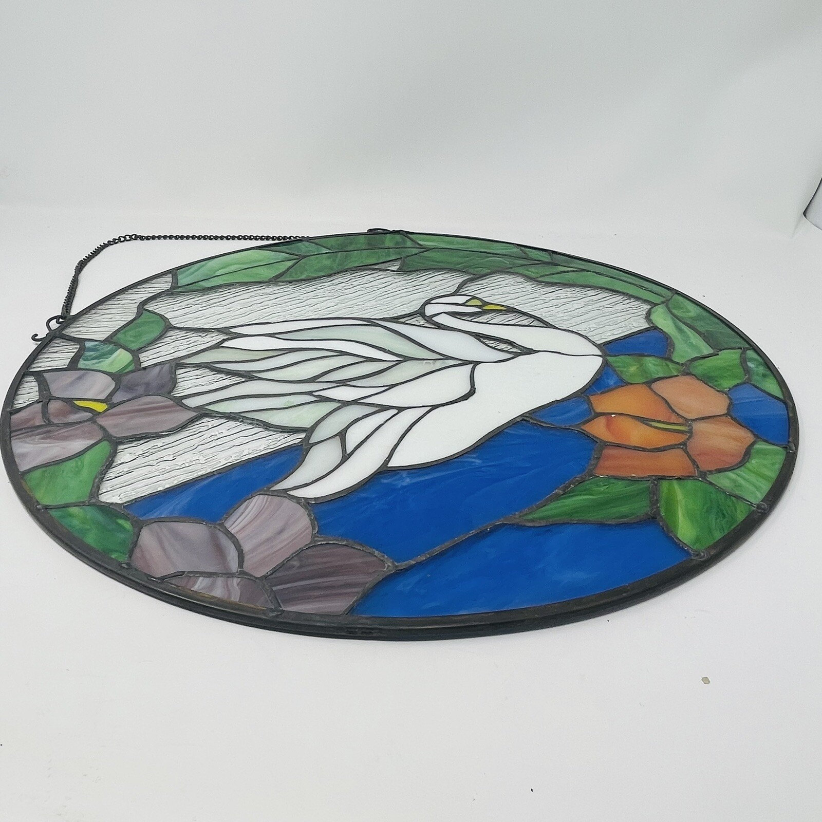 Stained Glass Round Window Panel Swan Pond Flowers Sun Catcher Hanging Chain