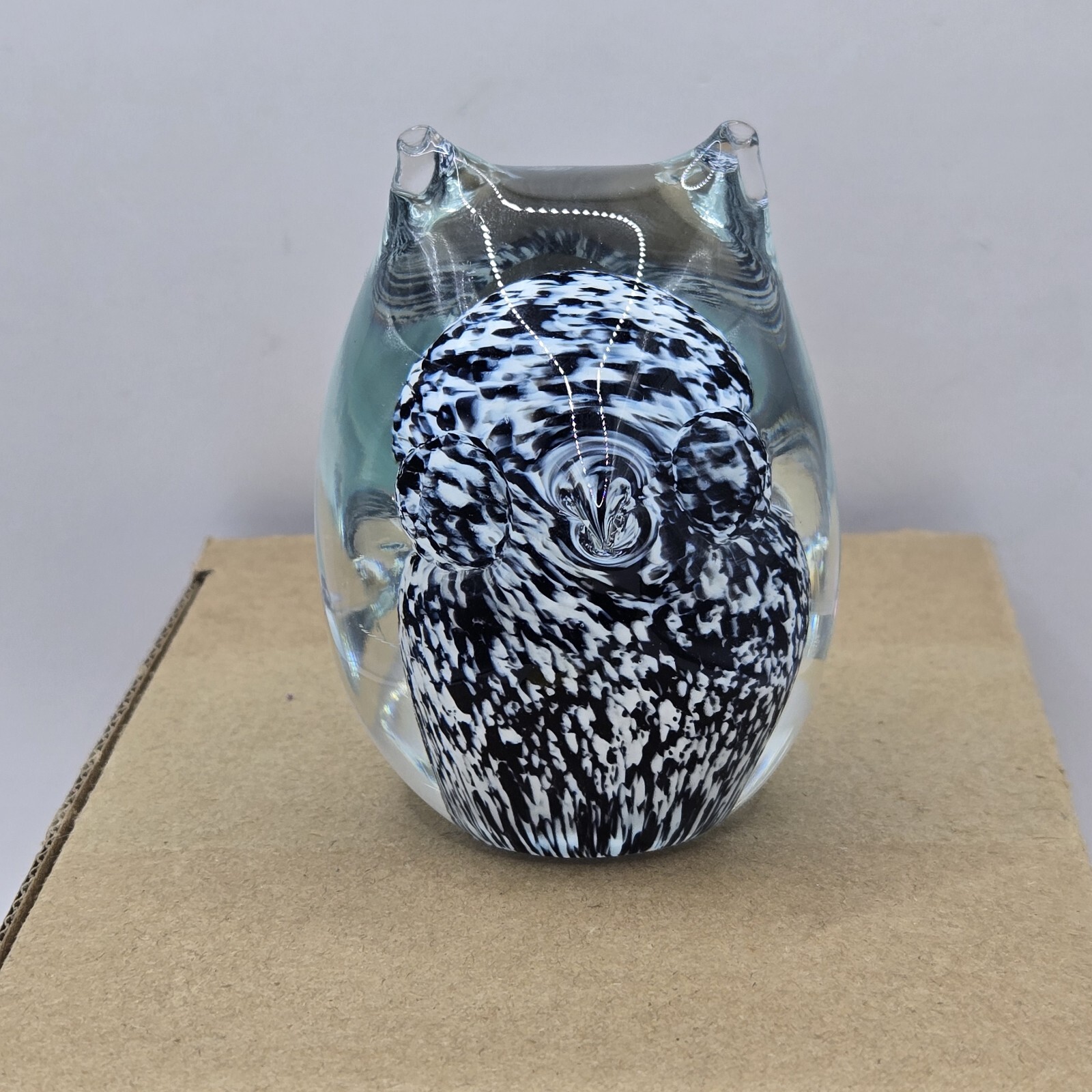 Murano Style Art Glass Awl 🦉 Figurine Paperweight Black White Clear 3″ H