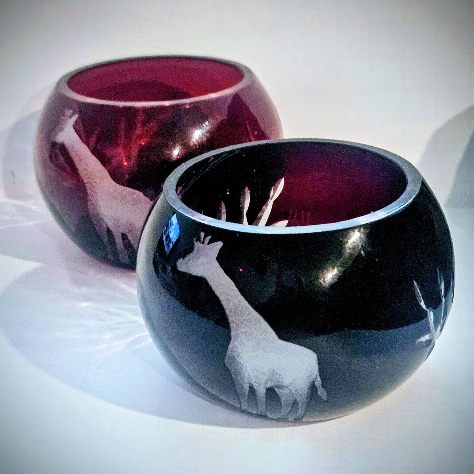Pair Of Ruby Glass Cut To Clear Giraffee Bowls