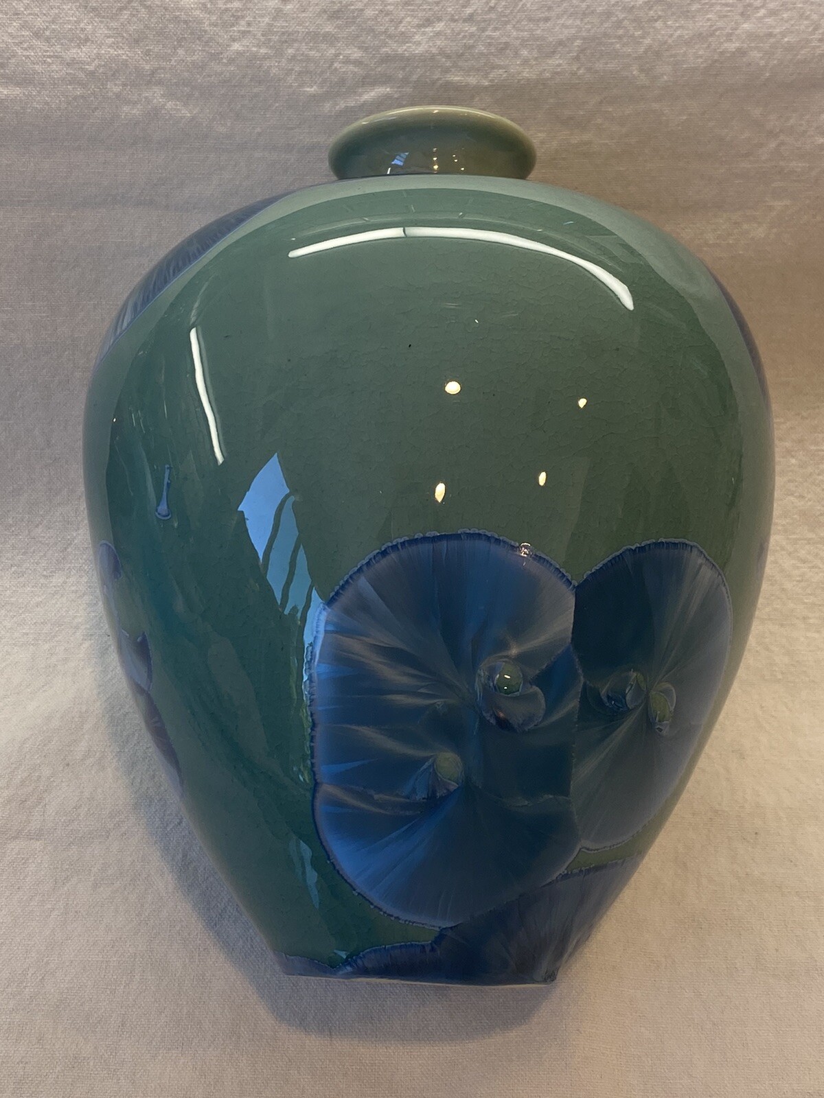 Signed Louise Reding High Fired Crystalline Glaze 7.5” Tall Vase Green Blue Mint