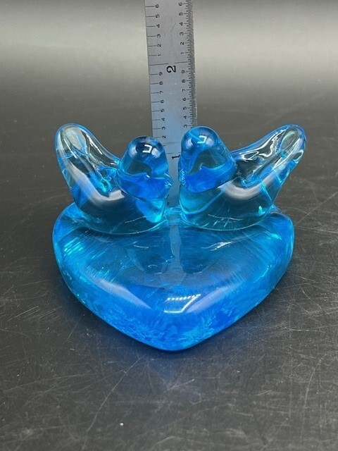 VTG Bluebirds Of Happiness Heart Pair Signed 1992 Ron Ray Glass Figurine MCM