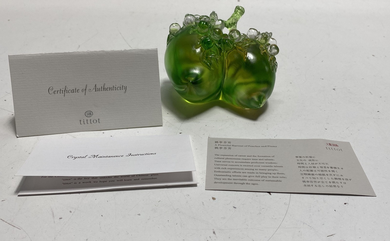 tittot Crystal Sculpture Peaches and Plums Art Glass Green Dated 2002 Box COA