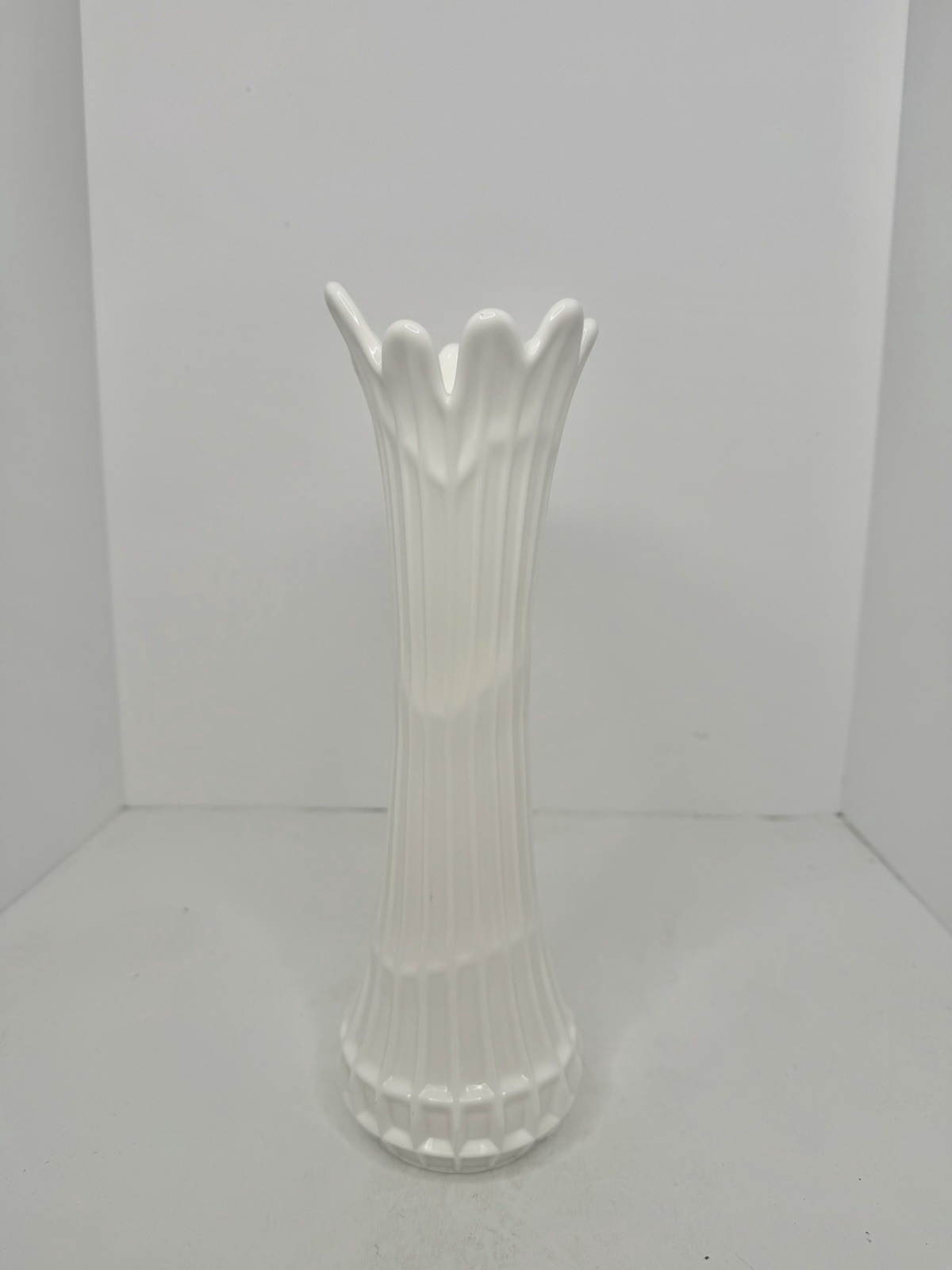 HTF Vintage Fenton Glass Milk Glass Waffle Windowpane Swung Vase 11.75”