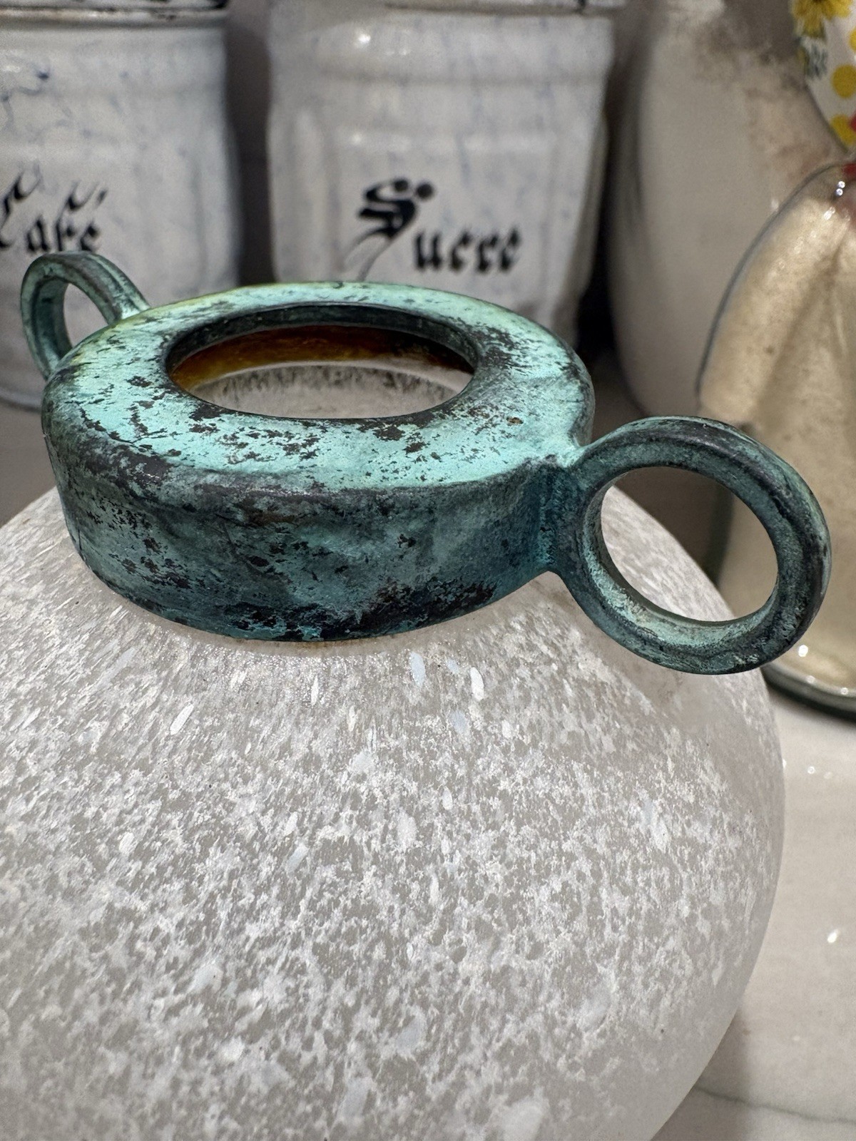 Vintage Silvestri Mid Century Mouth-Blown Scavo Art Glass Vase W Verdigris Top