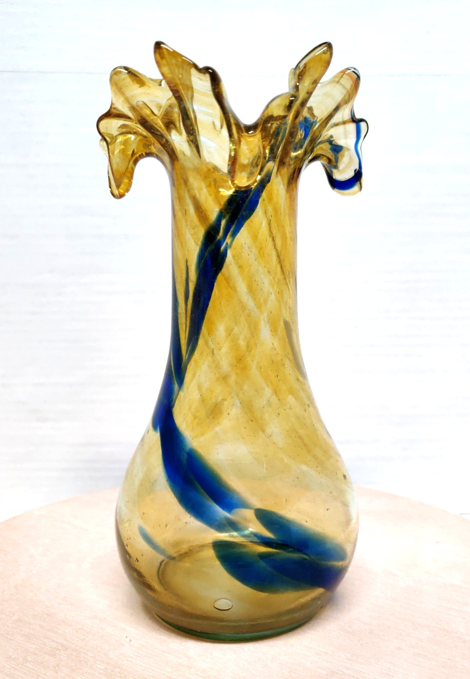 Hand Blown Ruffled Edge Swirl Pattern Art Glass Amber Blue Multicolor Vintage