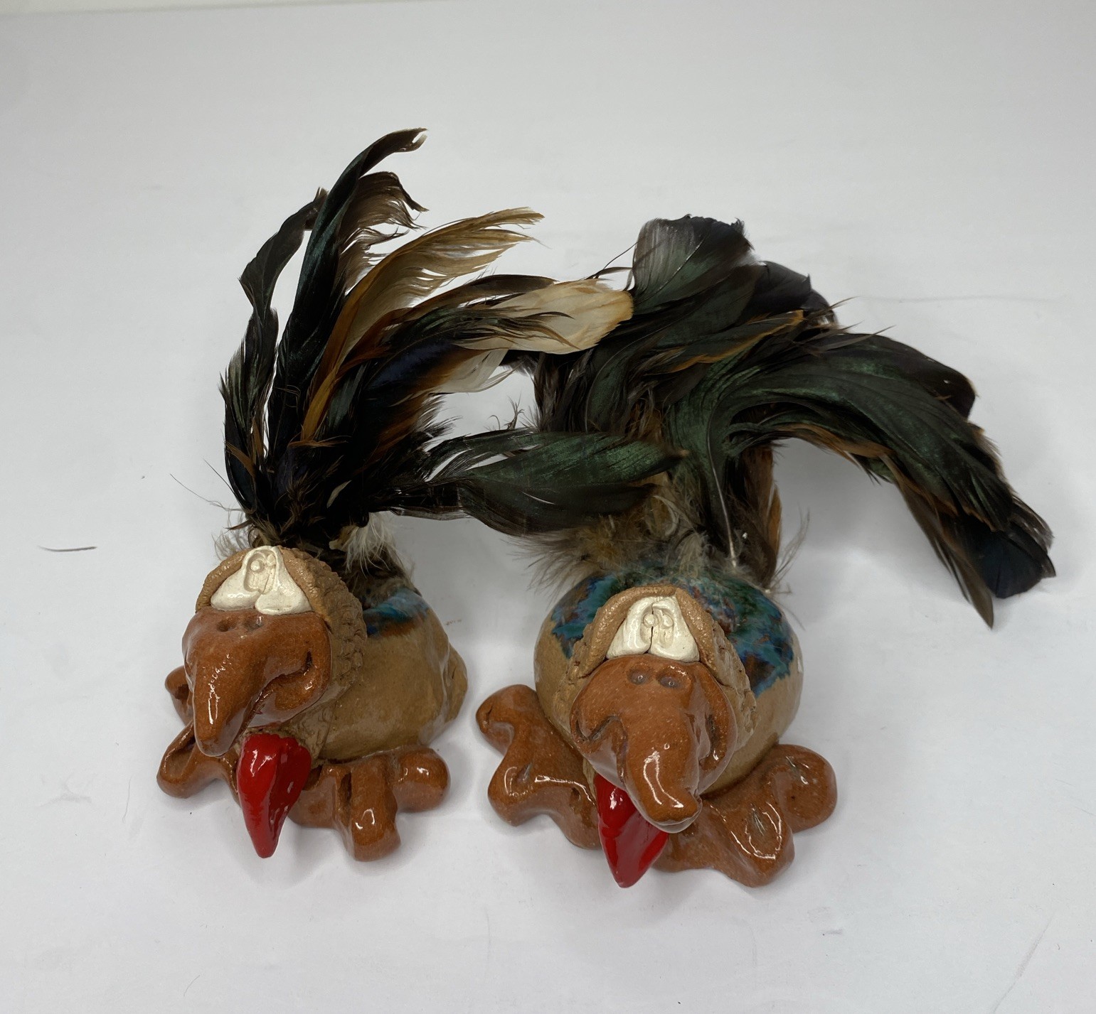Vtg Hicks Red Clay Pottery Funny Birds w/ Feathers Candle Holders Signed