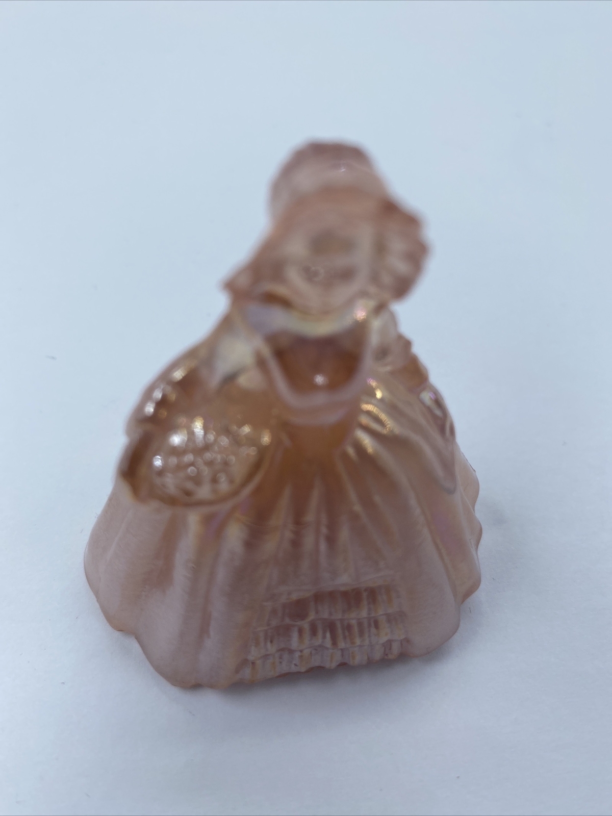 Boyd Art Glass 1988-1993 Miniature Colonial Doll In Pink Carnival Glass 6cm Tall