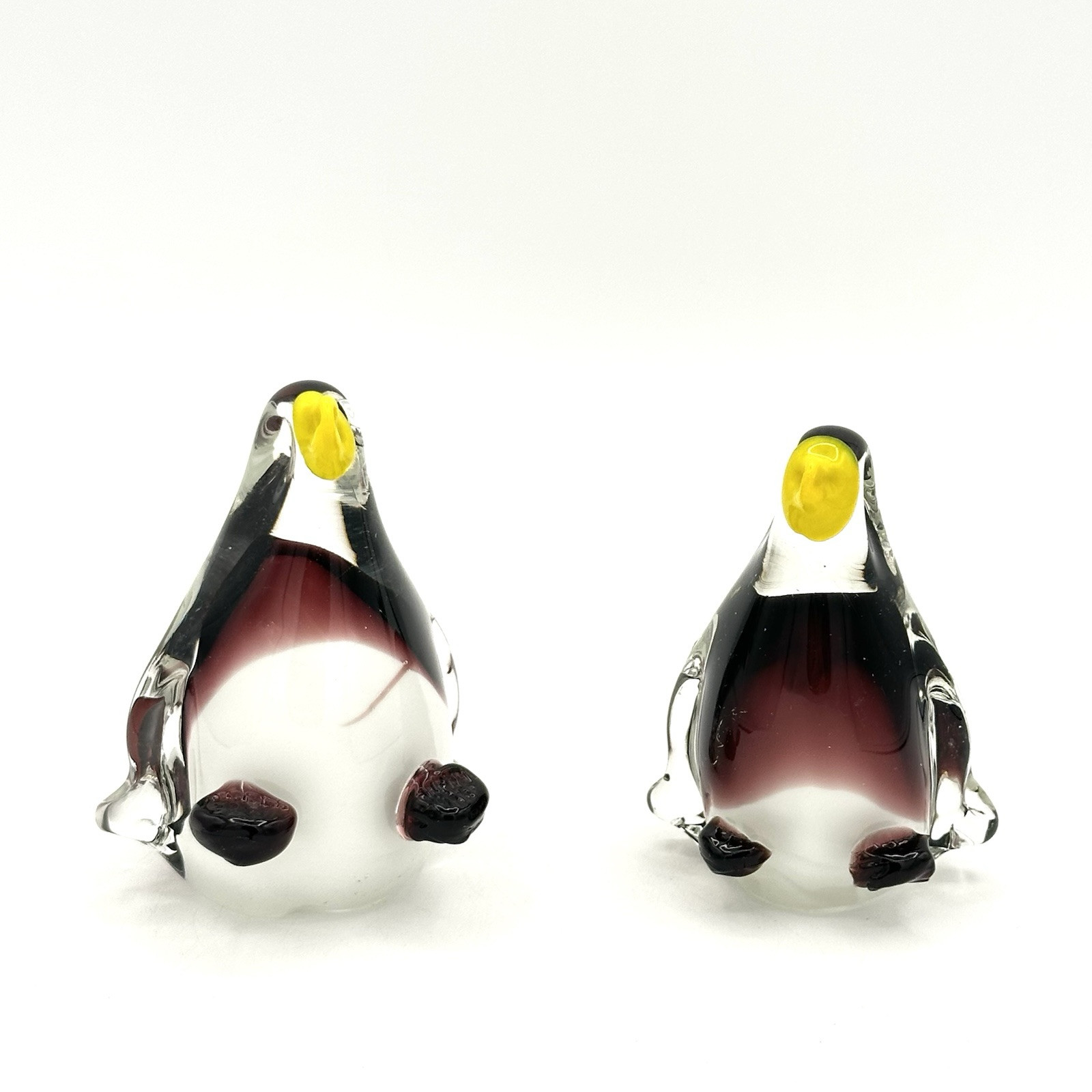 Two Hand Blown Art Glass Penguin Birds Purple Figurine 3.25 And 3 Inches Cute!!
