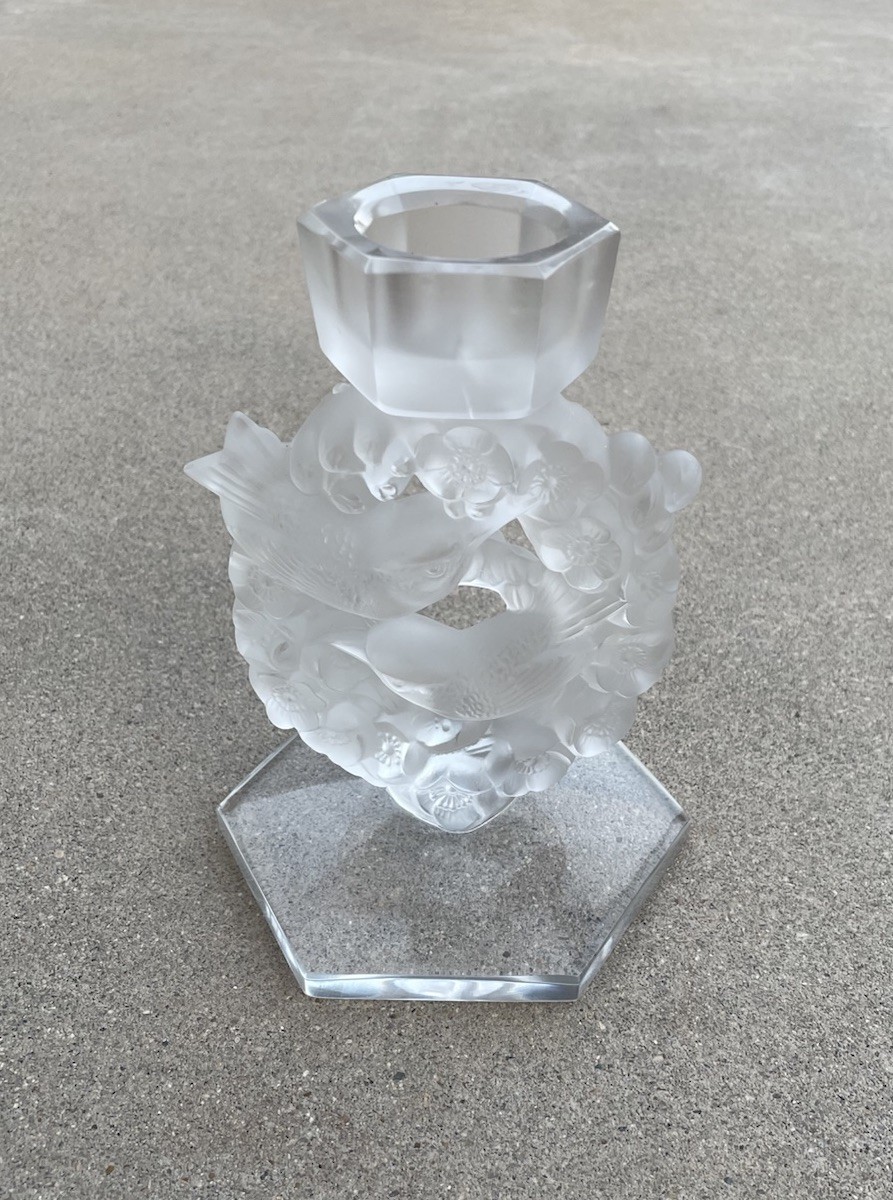 Lalique Crystal 6.5” Mesanges Love Birds & Wreath Candlestick Holder