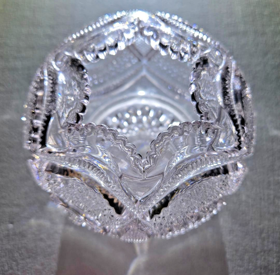 Rose Pink Round American Brilliant Period Repro Cut Glass Crystal Vase-BRILLIANT