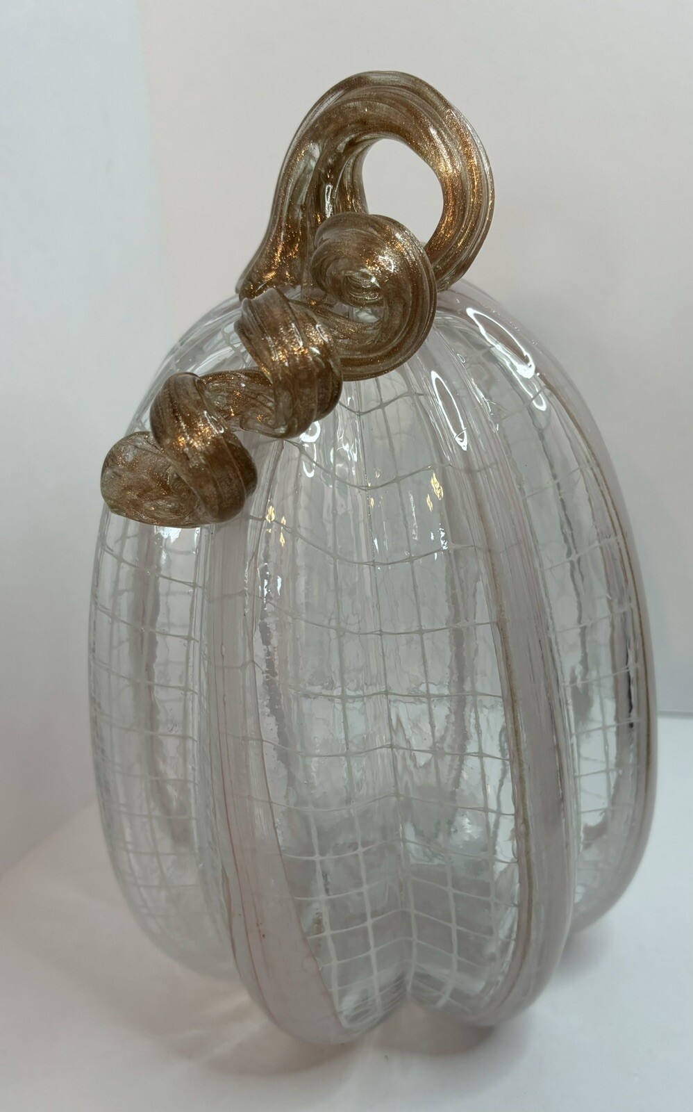 BLOWN GLASS CLEAR, WHITE, GOLD, LIGHT PINK FALL PUMPKIN ART GLASS DECORATION #1