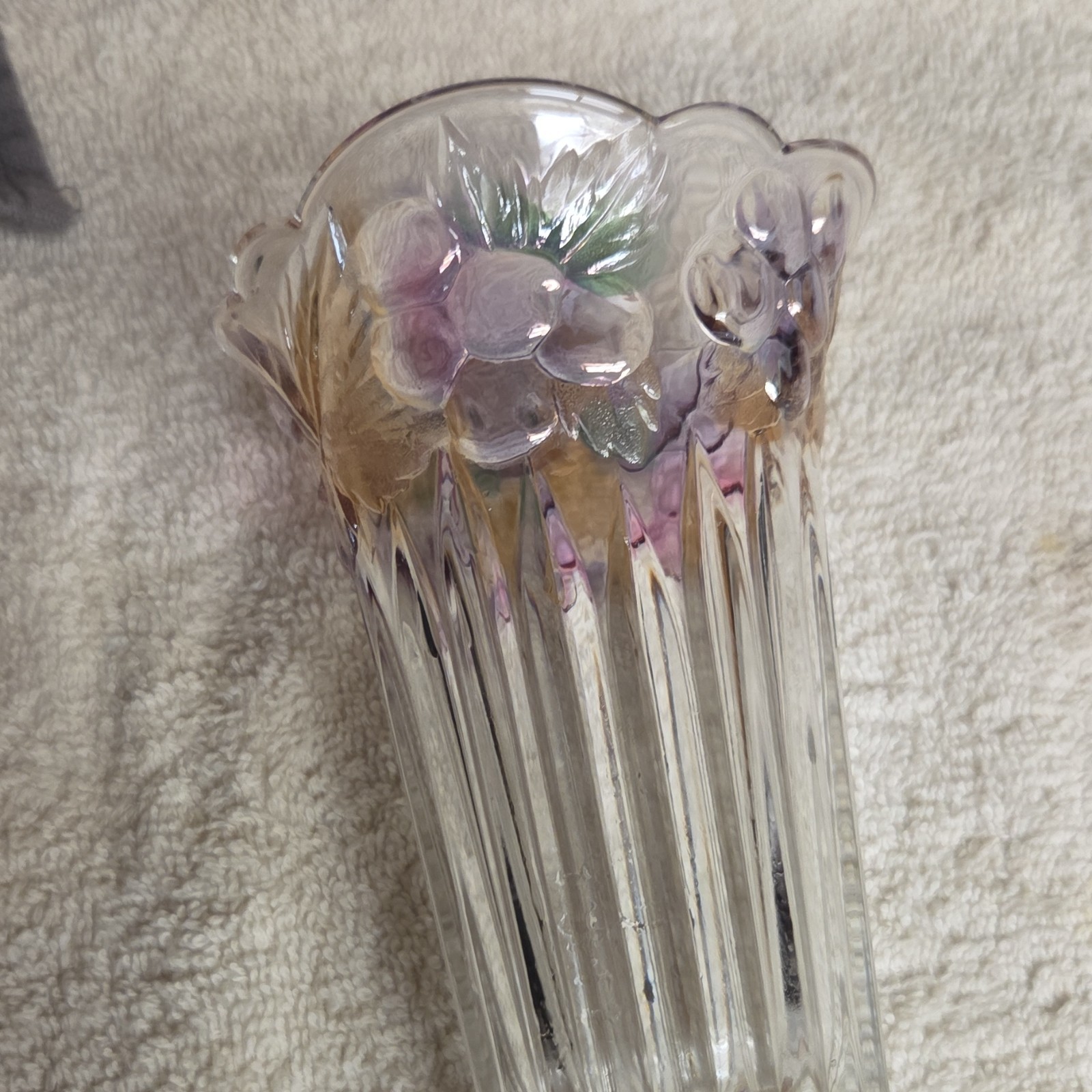 Vintage Decorative Glass Vase, Clear Purple Gold Green, Floral Embossed