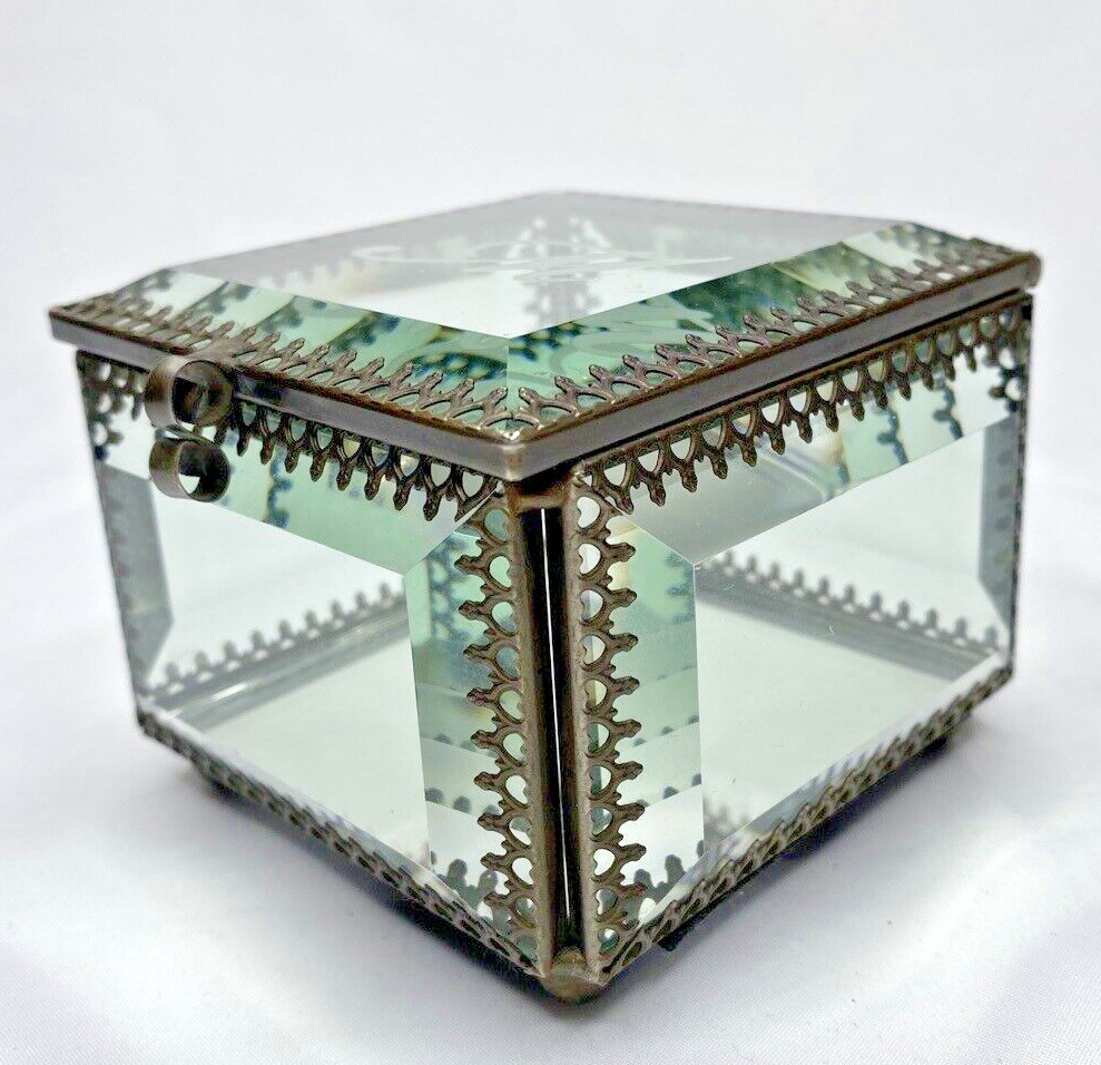 Nicole Miller Antiqued Brass Ormolu Beveled Glass Footed Jewelry Box