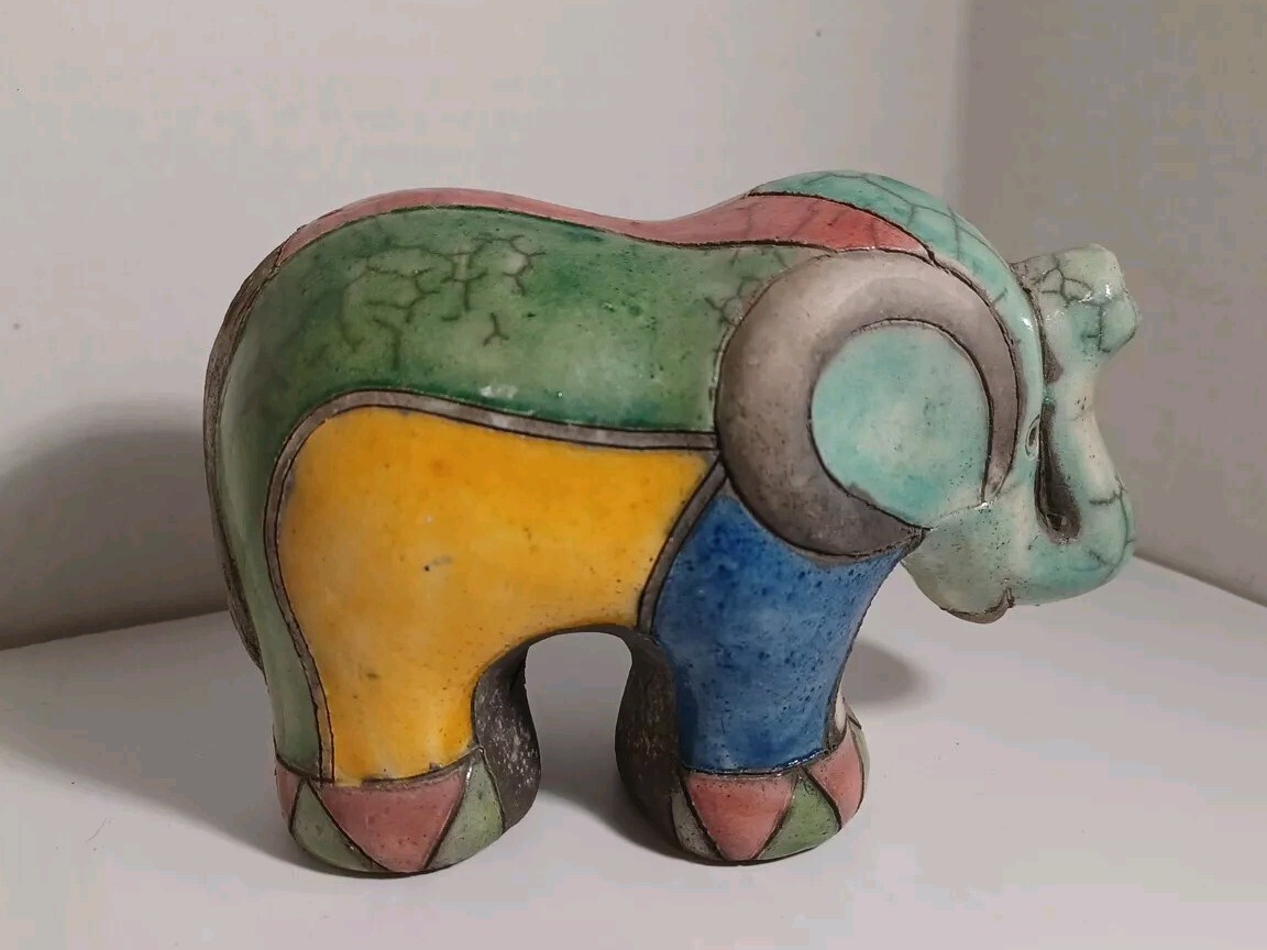 Raku Pottery Elephant Sculpture South Africa Bright Colors Trunk Up Good Luck