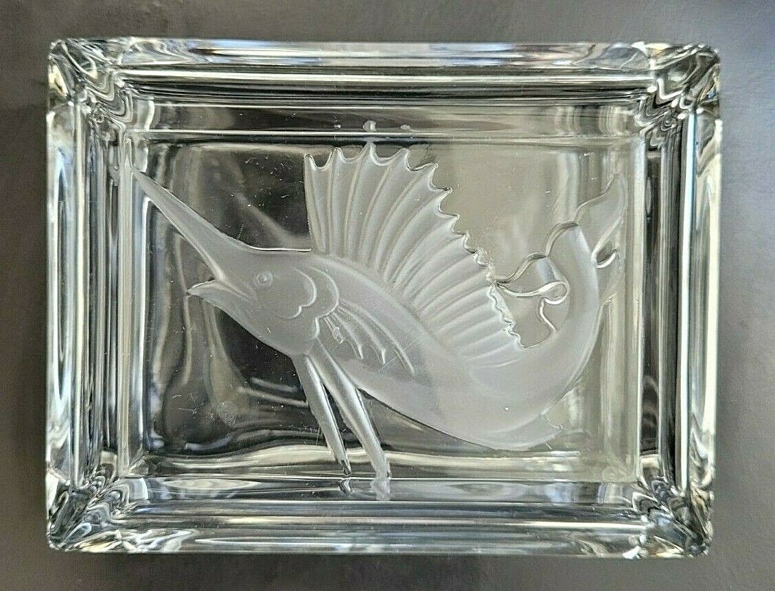 RARE VAL ST LAMBERT FACETED CRYSTAL JEWELRY TRINKET / CIGARETTE BOX w/ SWORDFISH