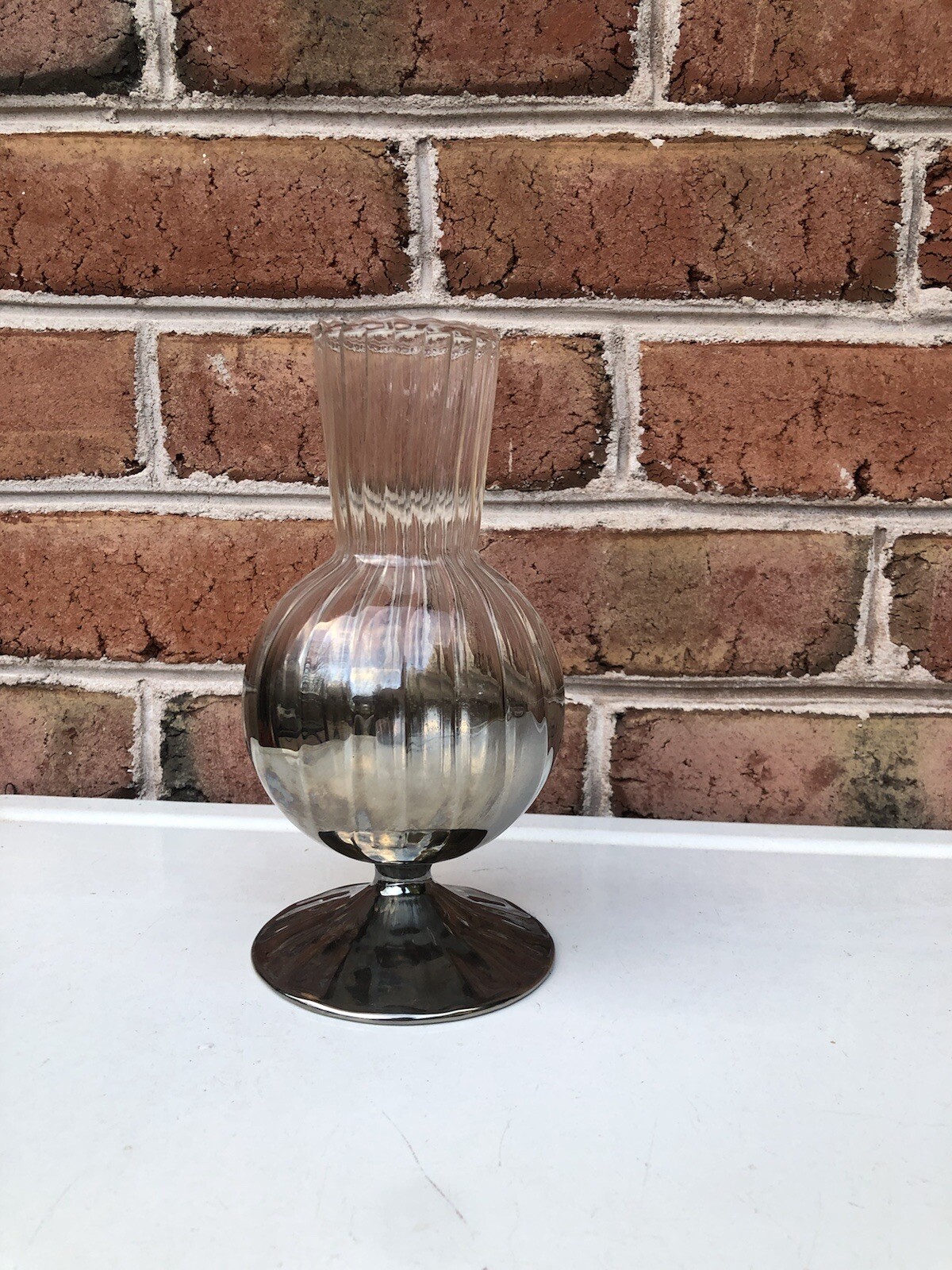 Smoke Gray Mirrored Vase Footed Ribbed Glass Vase Vintage Prefect !