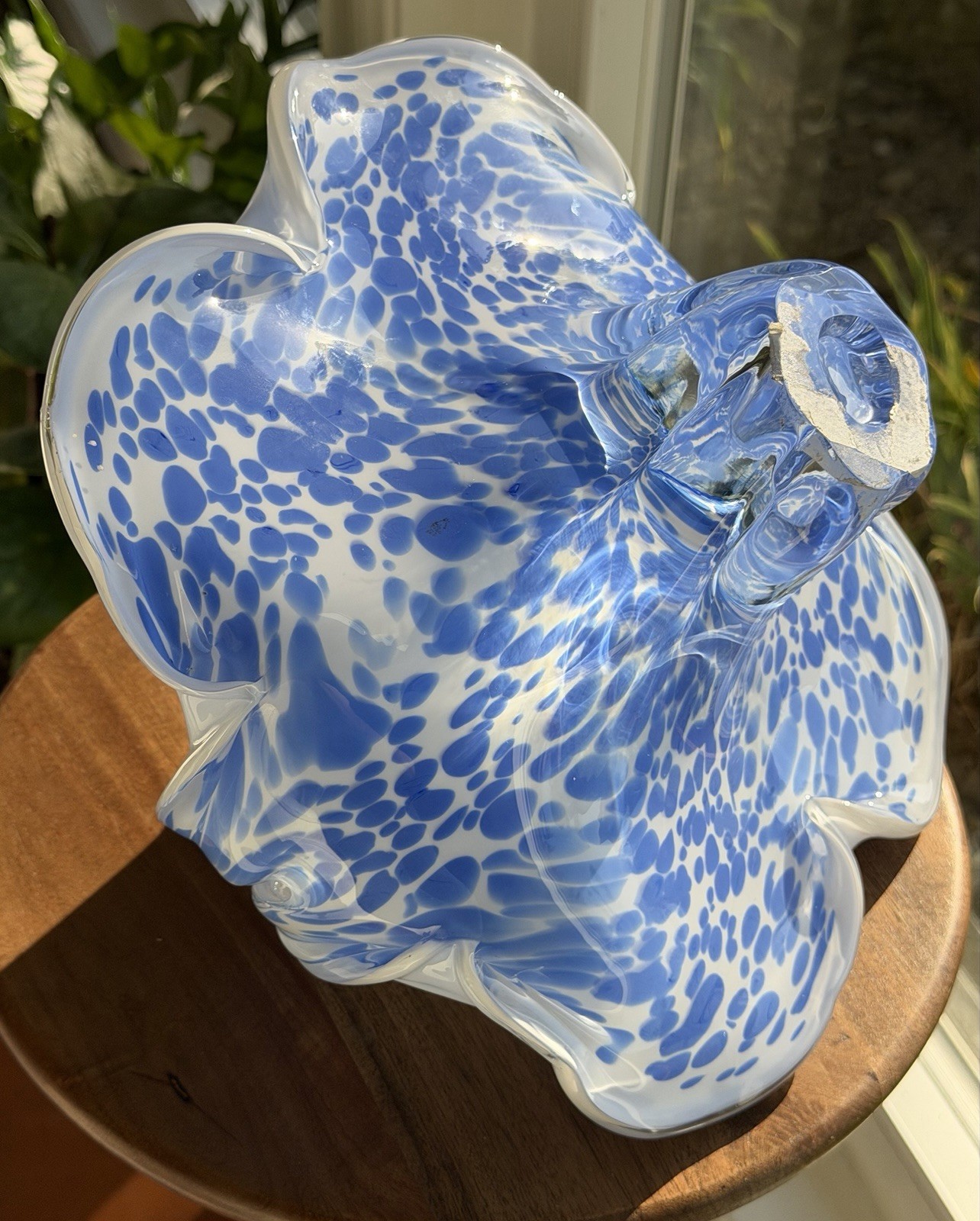 Royal Gallery Poland Blue White Hand Blown Art Glass Basket Centerpiece 1999
