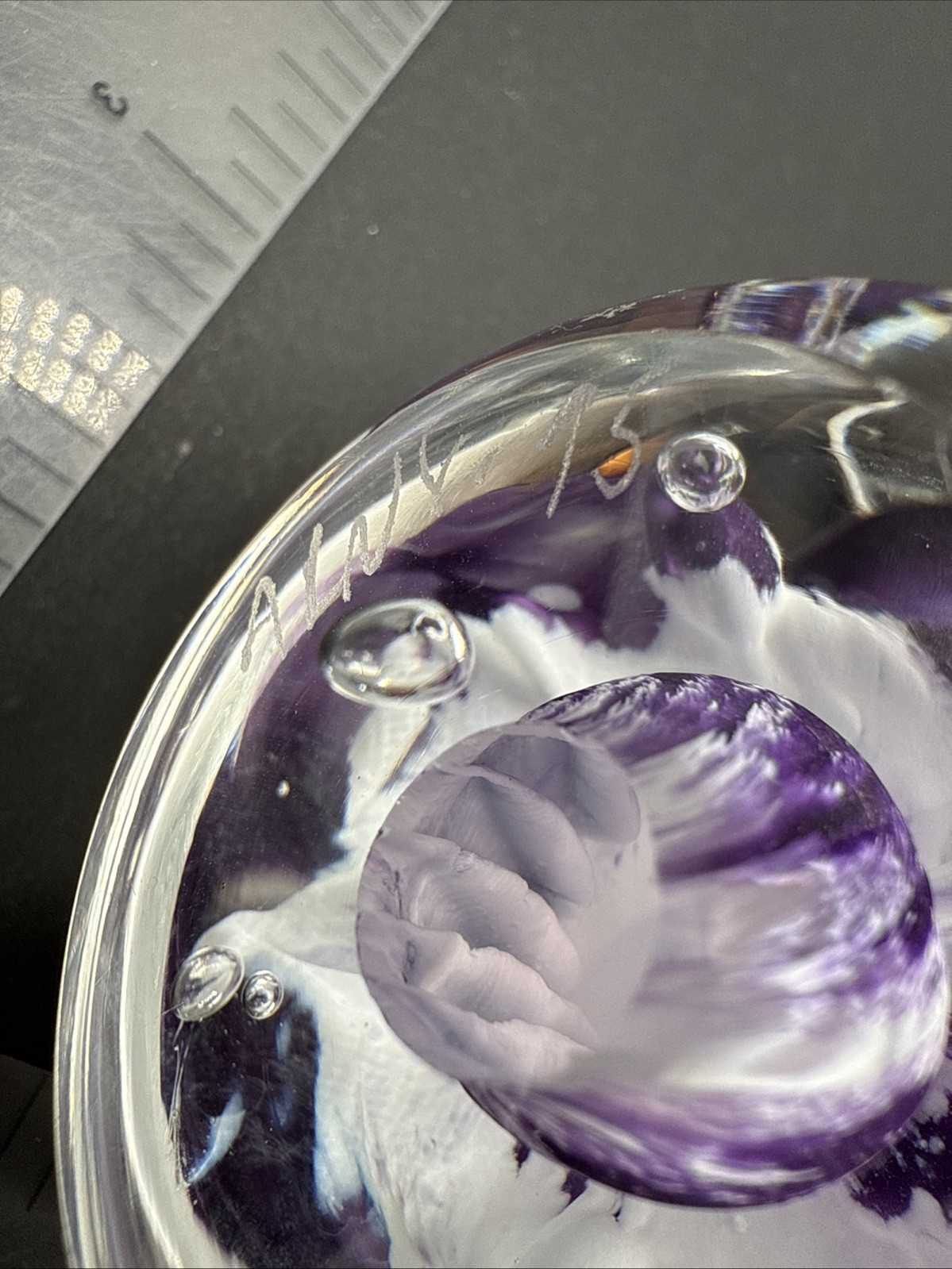 Vintage 1995 Signed ALNY Paperweight Unique Design Purple Spotted Mushroom