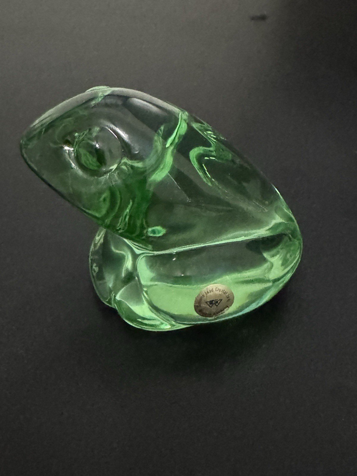 Vintage German Green Crystal Frog Paperweight 24% Lead Glass Orig Label 3”