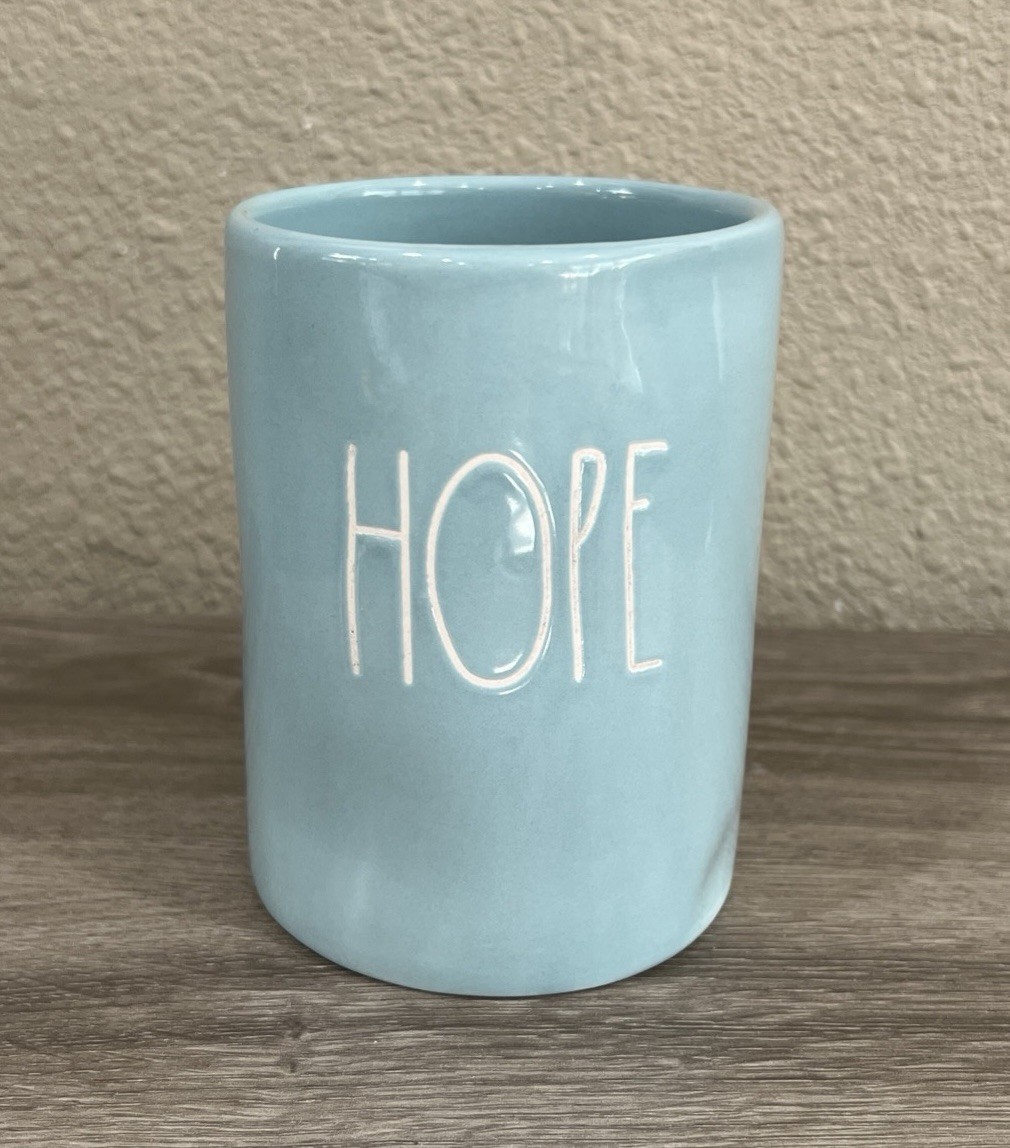 Rae Dunn HOPE Ceramic Candle Holder Artisan Collection Light Blue