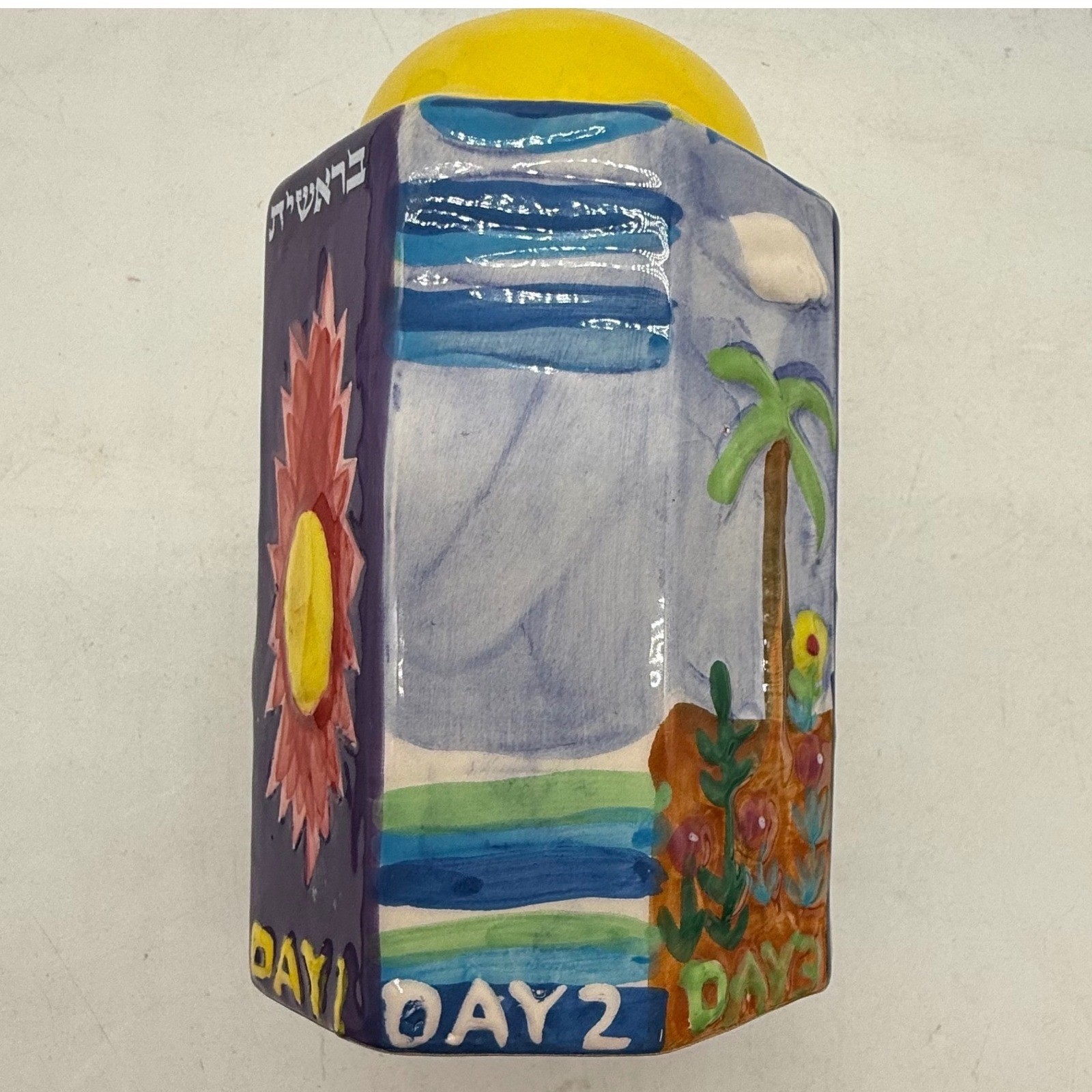 Hand Painted Ceramic Seven Days of Creation Hexagonal Piggy Bank Tzedakah Box