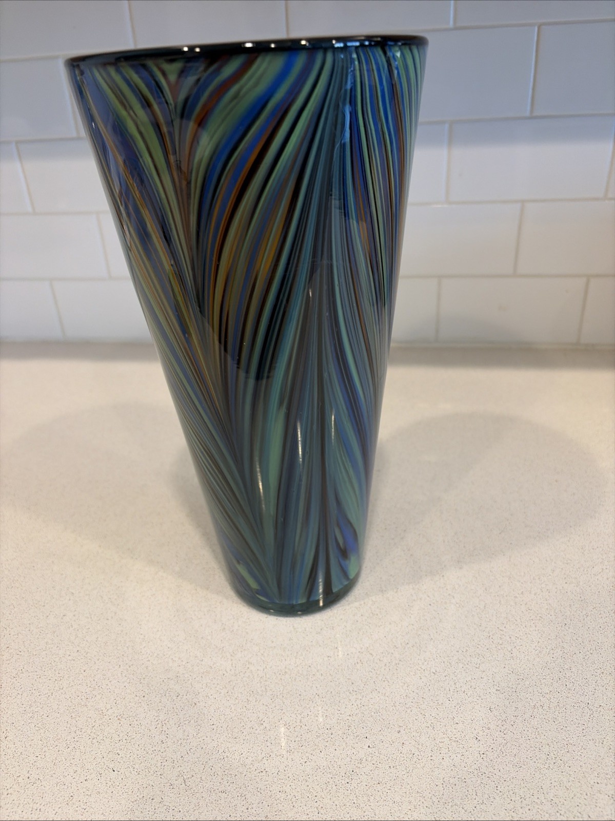 Beautiful 12” Multi Colored Murano Style Art Glass Peacock Trumpet Vase