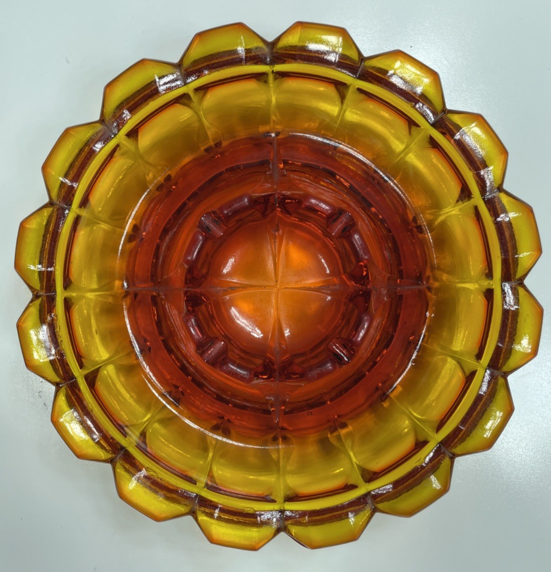Vintage Cadmium Glow Heavy Glass Ashtray Cigar Orange Yellow Flower Shaped 7.25″