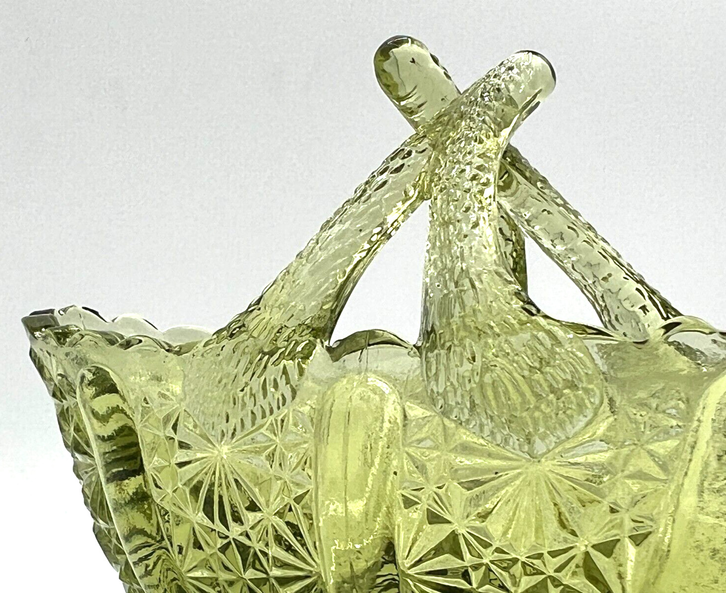Fenton Art Glass Colonial Green Glass Basket American Classic Twig Handle EUC