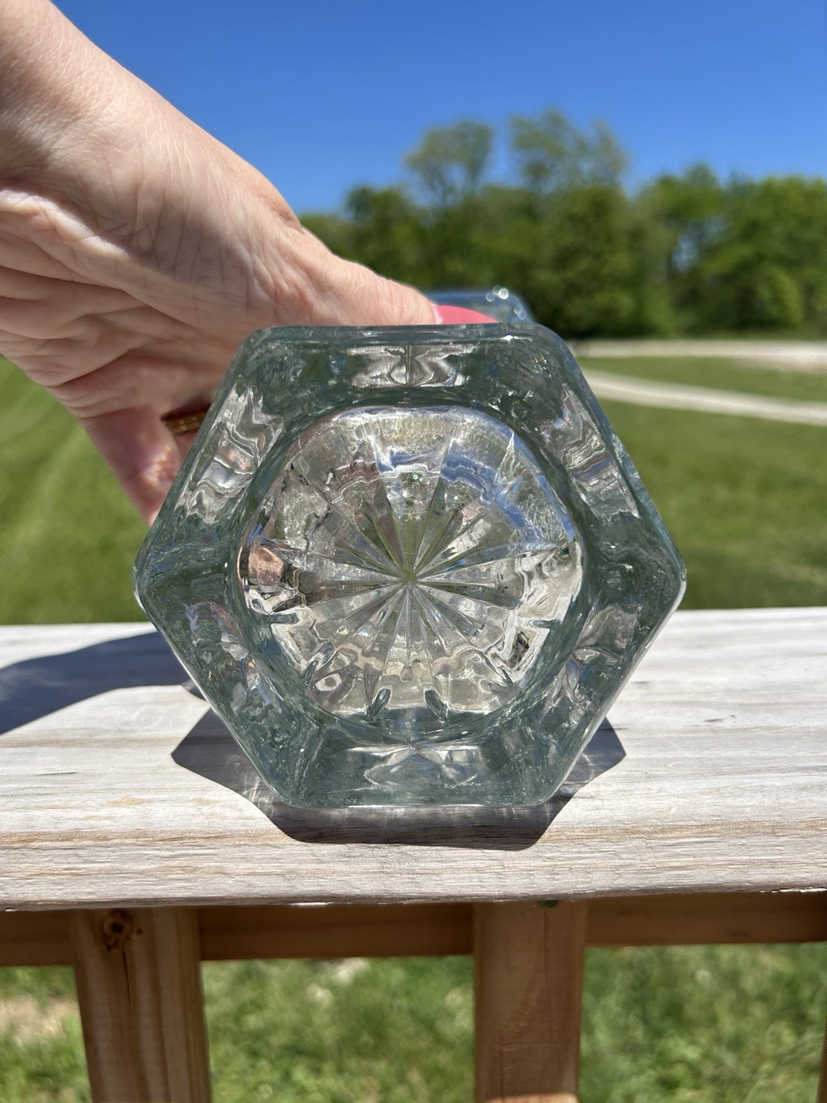 Vintage Anchor Hocking Prescut Clear Glass Vase EAPC Star of David 10.5″ tall