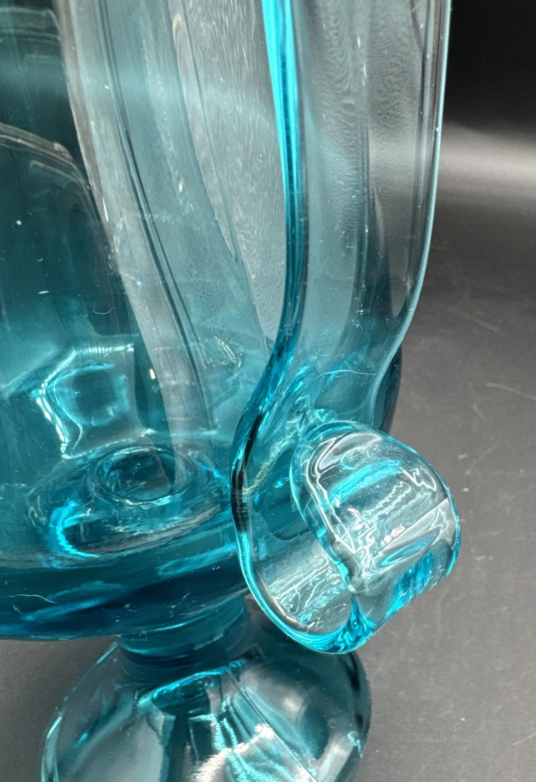 LE Smith Swung 14″ Simplicity Glass Peacock Blue Footed Pitcher Candlestick VTG