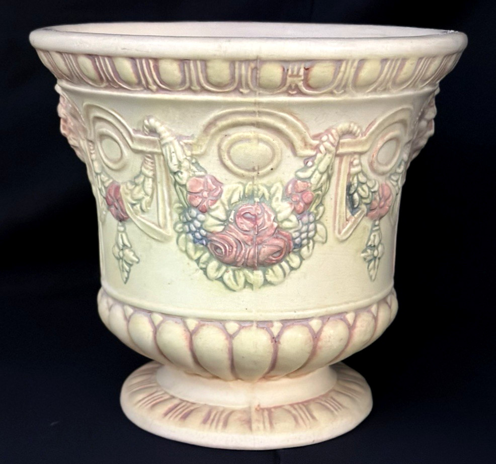 WELLER POTTERY ROMA FOOTED PLANTER WITH LION FACES & FLOWERS….GREAT MOLD!