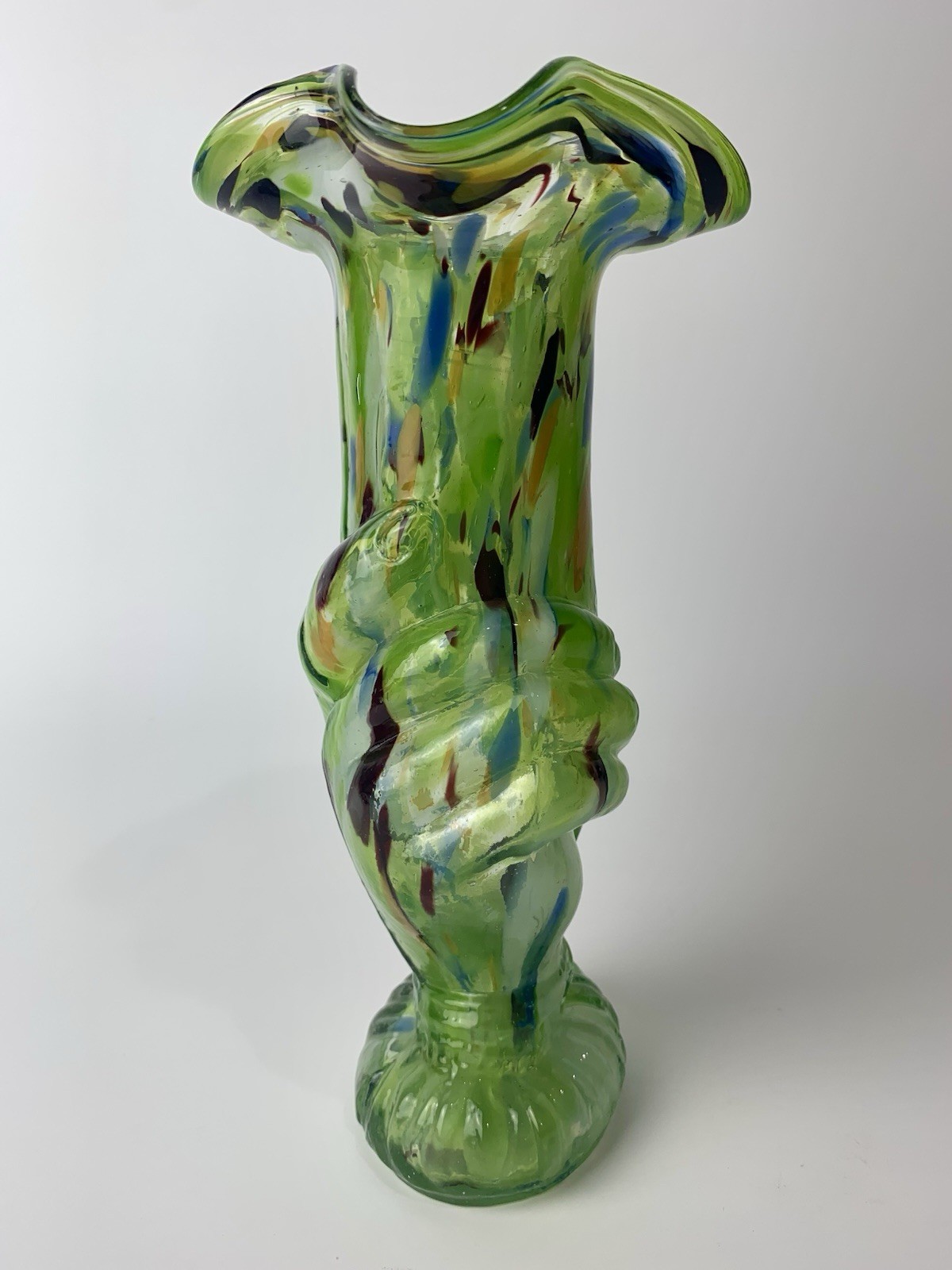 Vintage Splatter Glass Hand Holding Vase – Mold Blown – Cased, Colorful – Czech?