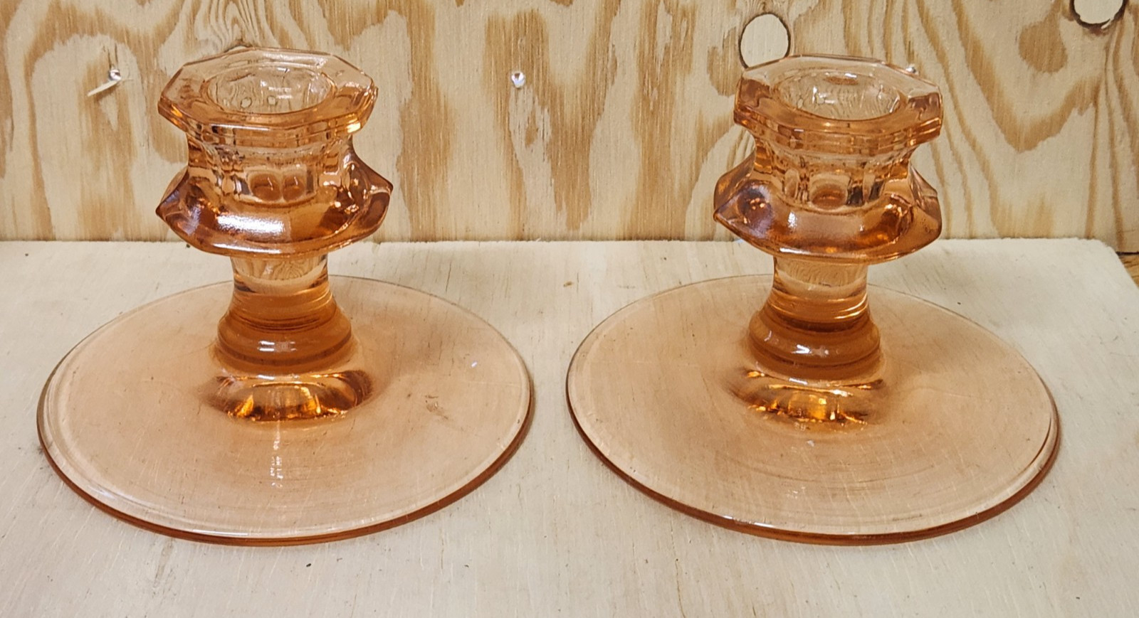 2) PINK CANDLE STICK Holders #713 by DIAMOND Co RARE Fostoria Fairfax STYLE EXC.