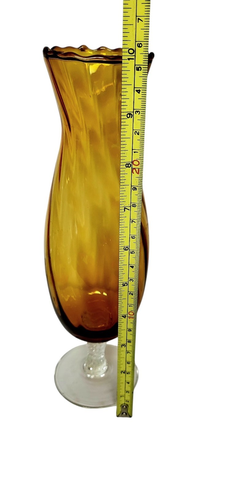 Amber & Clear Swirl Art Glass Footed Vase Decorative Scalloped Rim 10.5 in