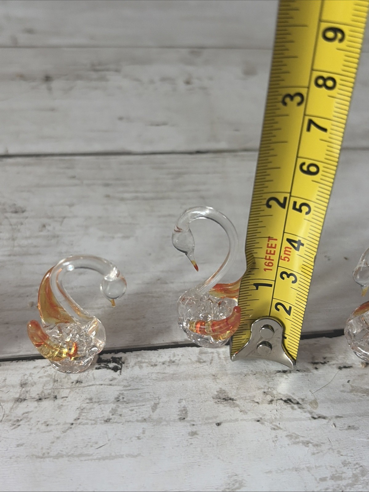 Vintage Hand-Blown Art Glass Swan Figurines Set Of 4 – Clear & Amber Gold – 3″