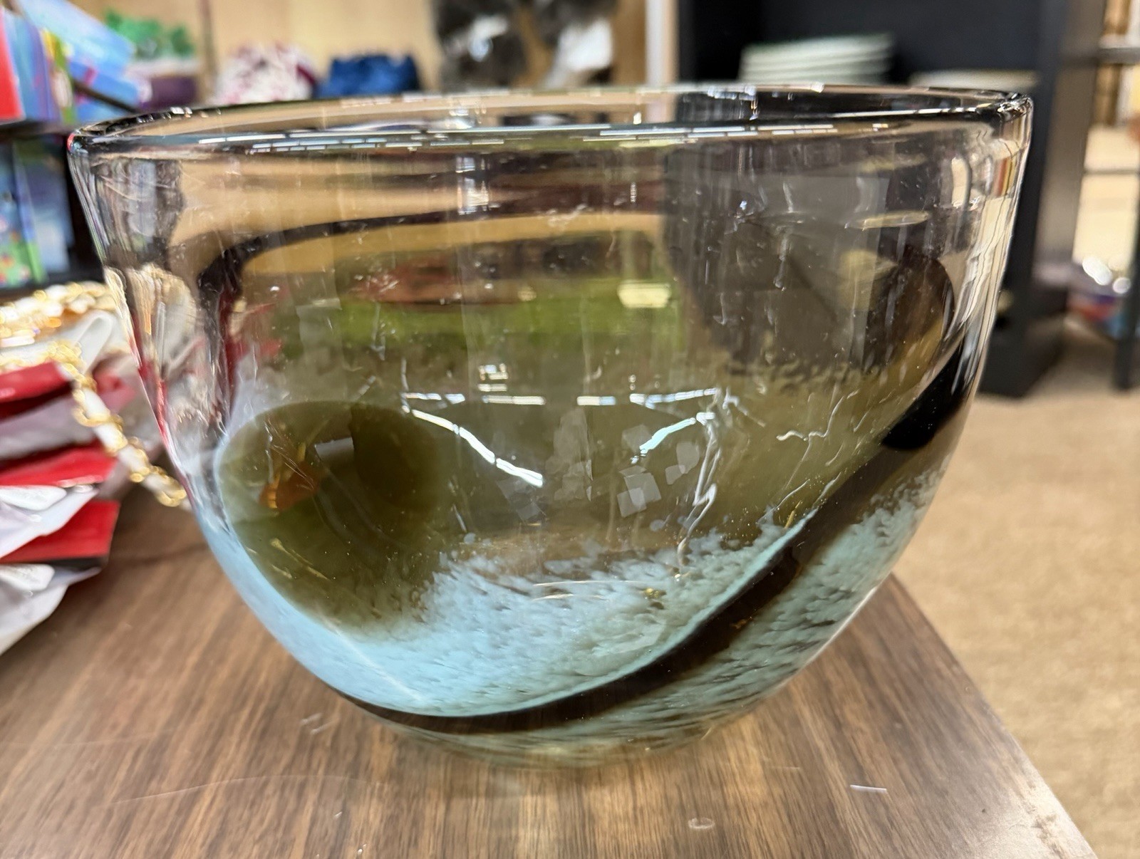 Hand Blown Art Glass Bowl Chocolate Brown and Baby Blue Hand Blown