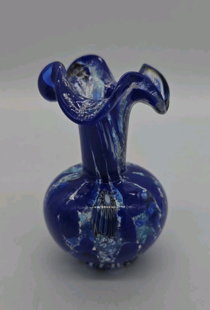 Murano Millifiore Murrine Aventurine Blown Ruffled Art Glass Bud Vase SIGNED!