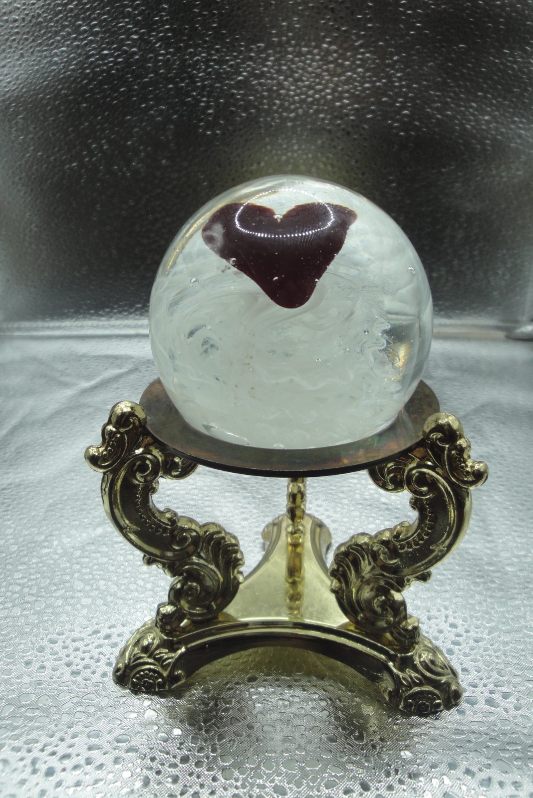 Rare TOM St Clair Floating Blood Red Heart Studio Glass Paperweight w/Stand-1987