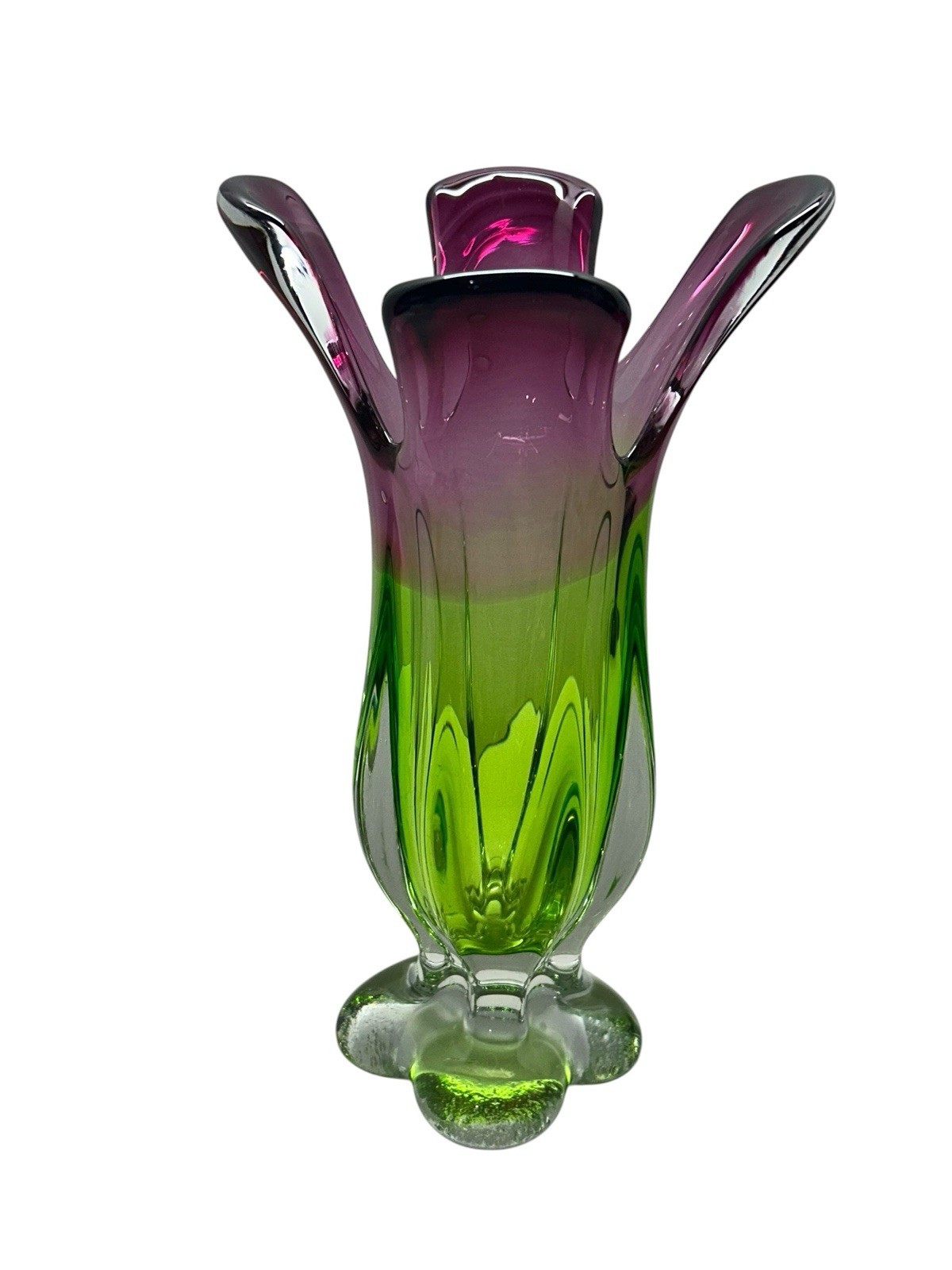 Murano Style Amethyst / Green Heavy Swung Art Glass Vase 11″ tall 4 Lbs