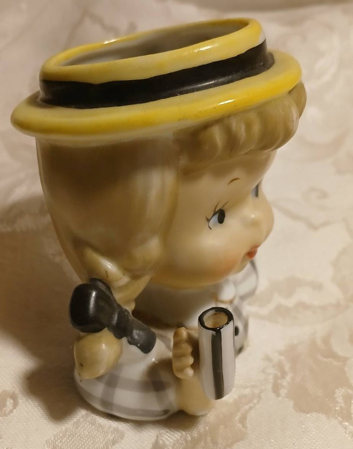 Vintage Umbrella Girl Headvase 1960s Plaid Japan No Umbrella