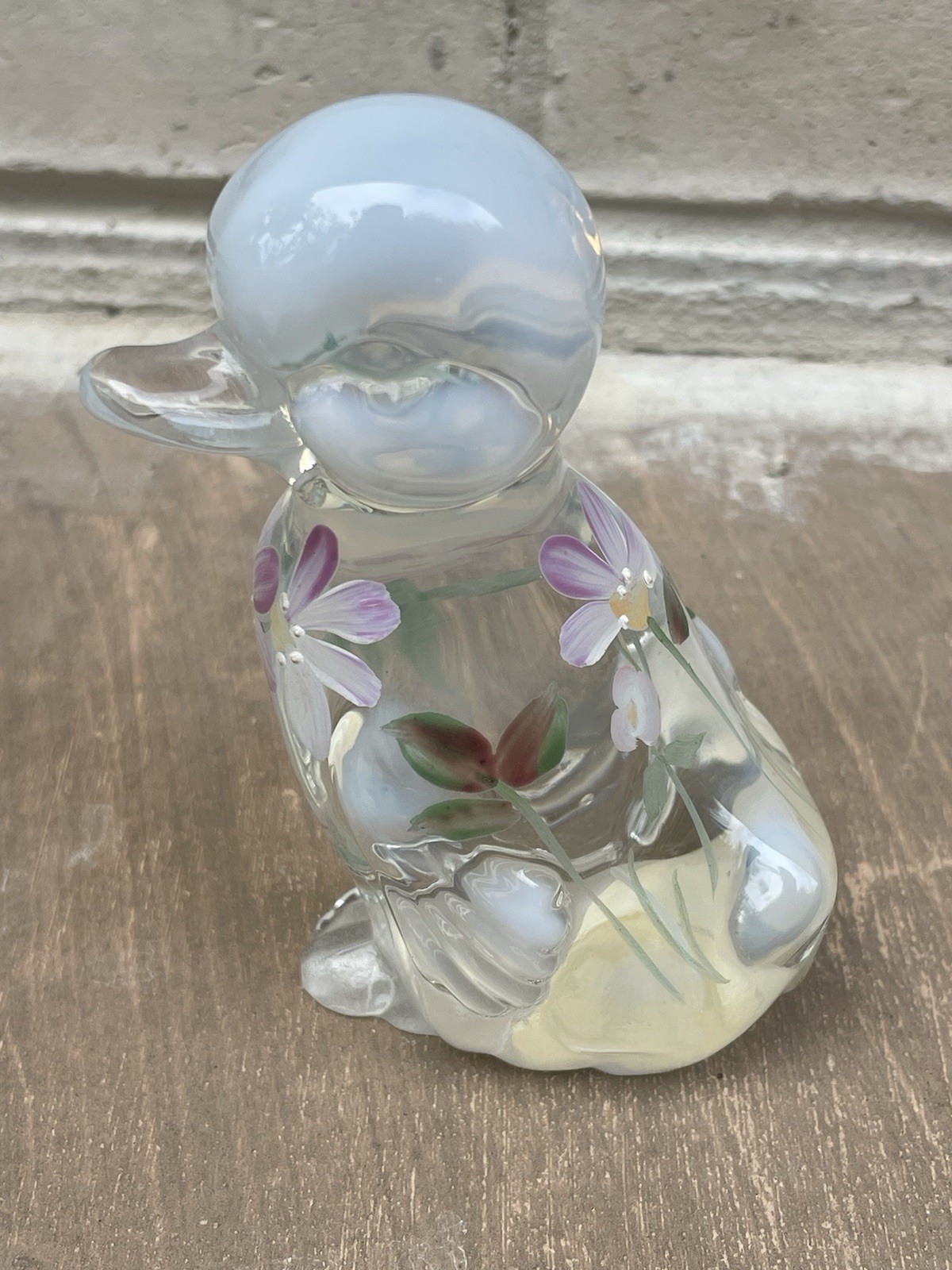 Vintage Fenton Glass Opalescent Duck With Hand Painted Flowers Signed White