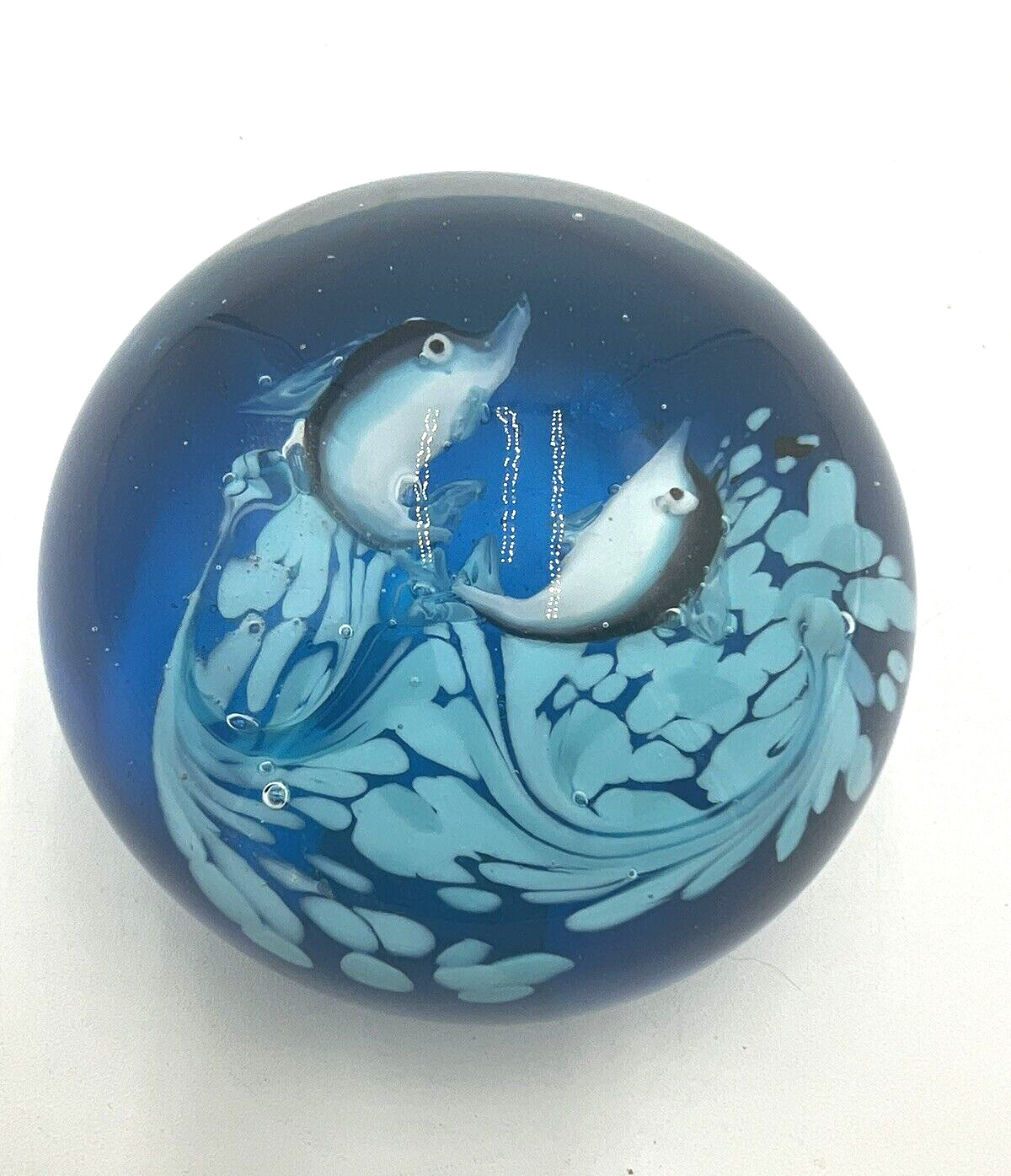 Art Glass Paperweight Dolphin Splash Water Fish Dolphin Ocean Scene 3” Round